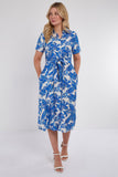 8Pcs Cobalt Floral Print Short Sleeve Midi Shirt Dress