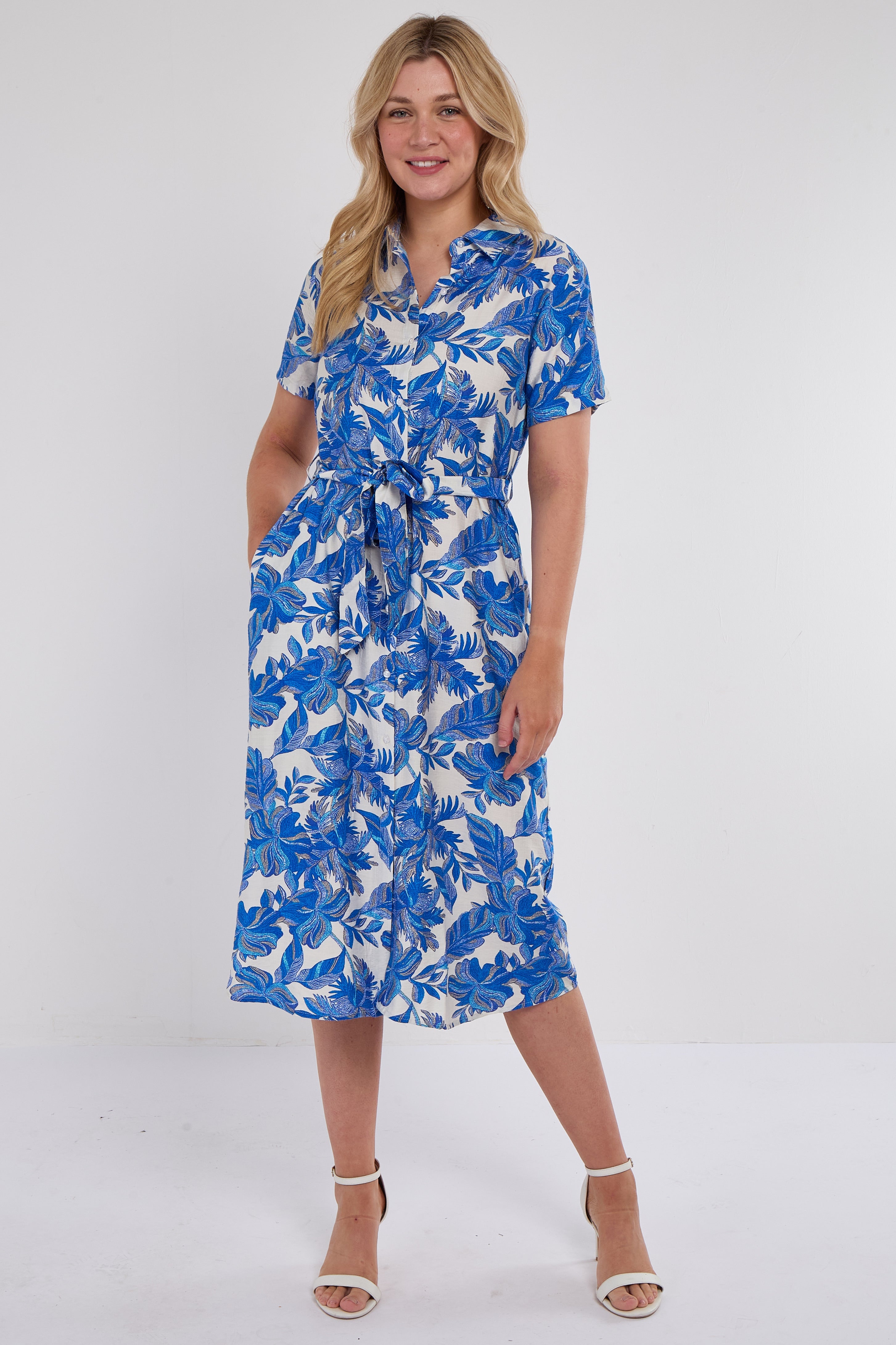 8Pcs Cobalt Floral Print Short Sleeve Midi Shirt Dress