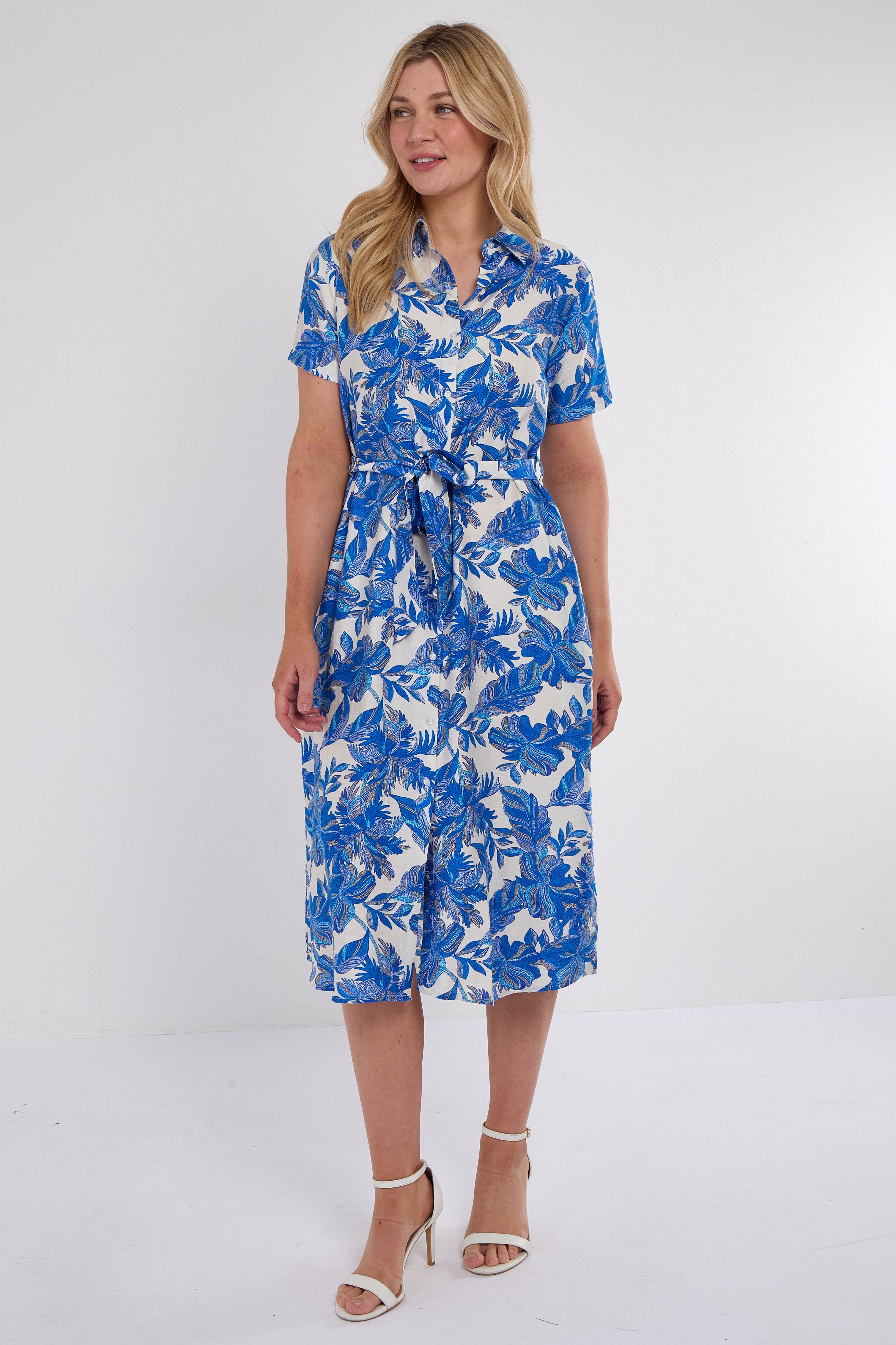 8Pcs Cobalt Floral Print Short Sleeve Midi Shirt Dress