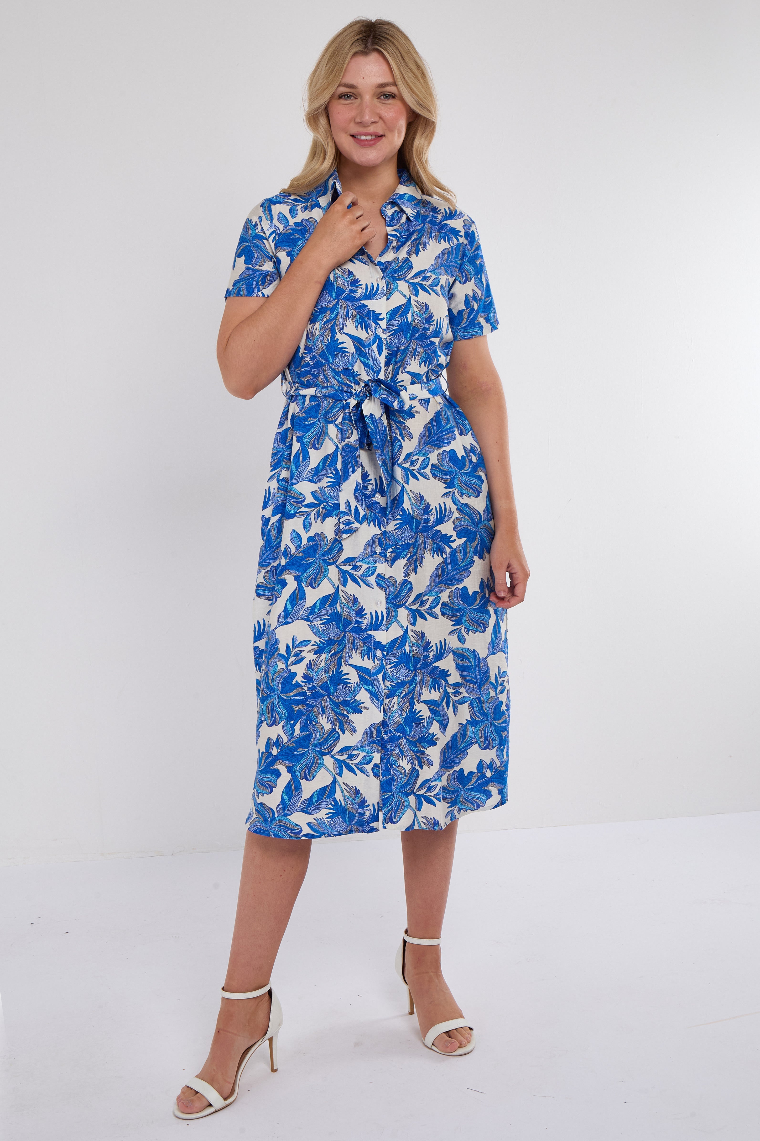 8Pcs Cobalt Floral Print Short Sleeve Midi Shirt Dress