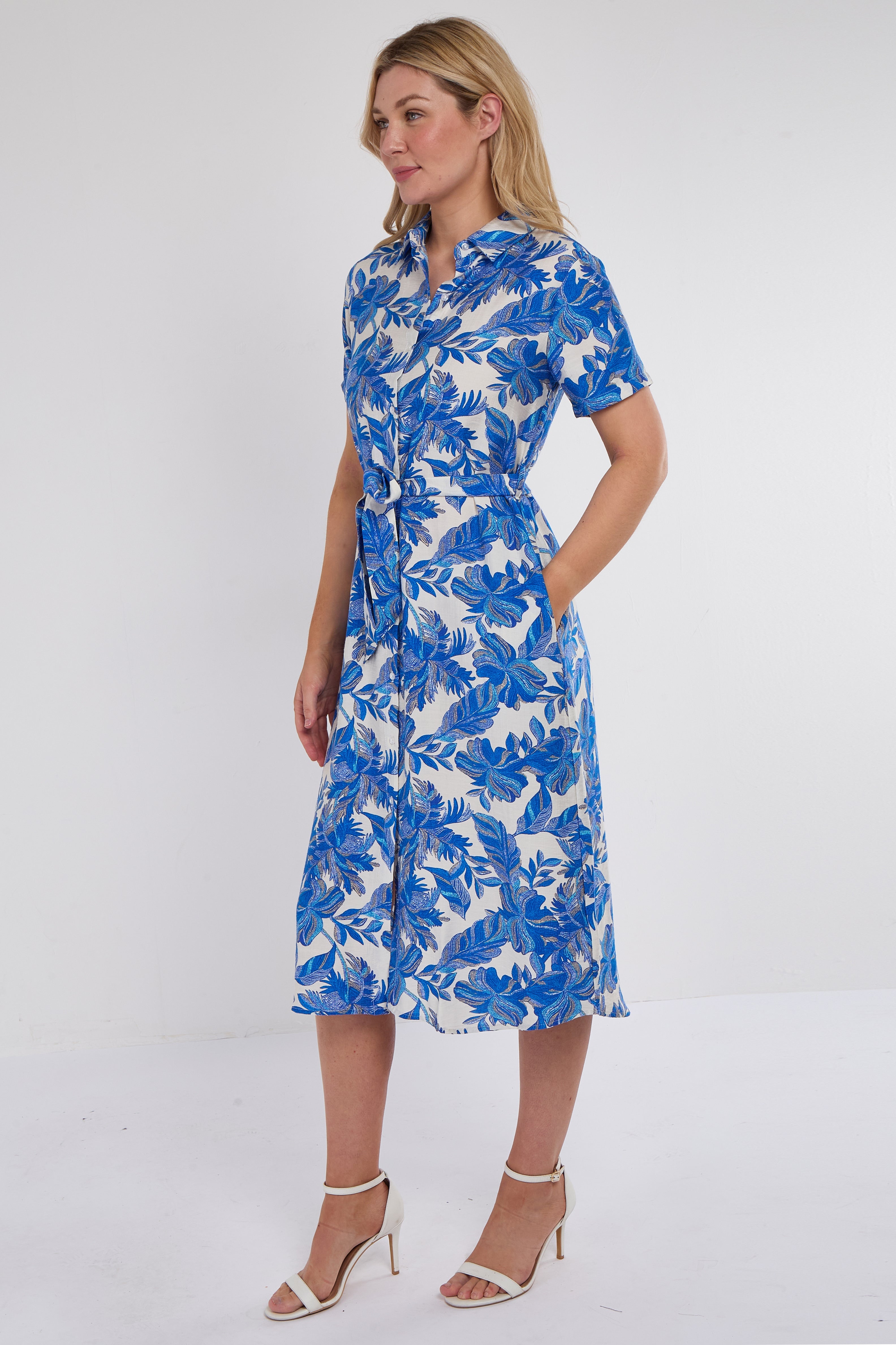 8Pcs Cobalt Floral Print Short Sleeve Midi Shirt Dress