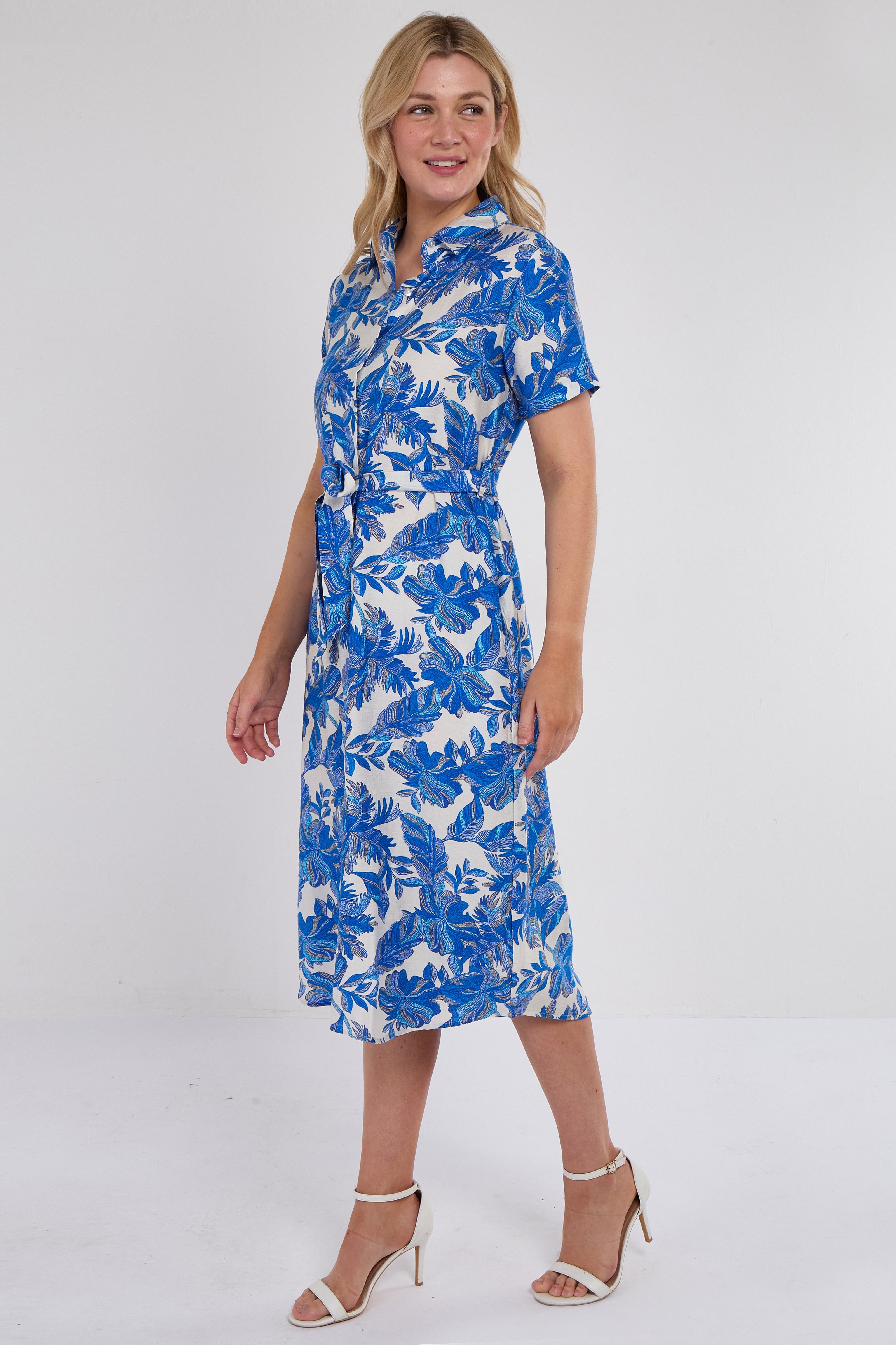 8Pcs Cobalt Floral Print Short Sleeve Midi Shirt Dress