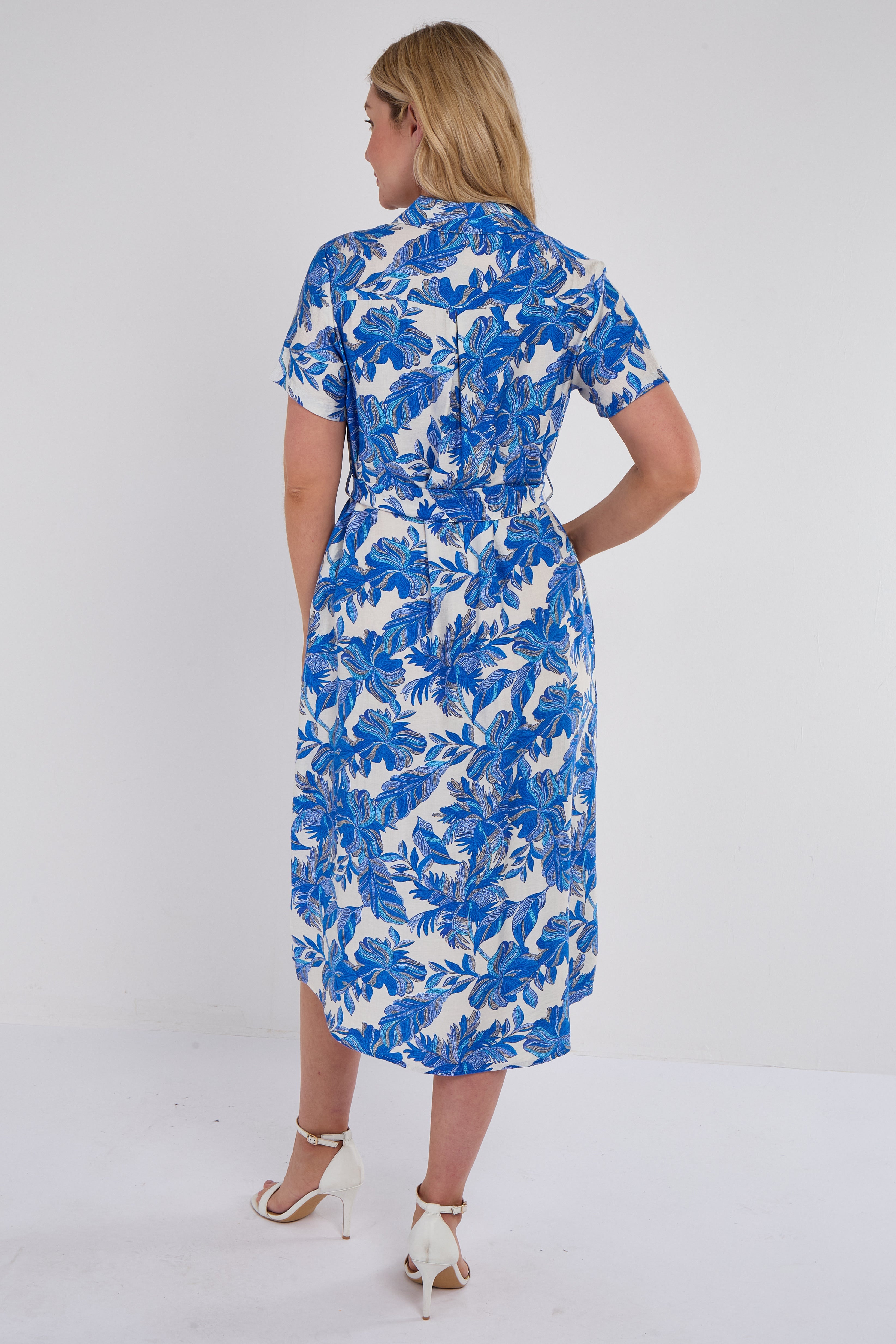 8Pcs Cobalt Floral Print Short Sleeve Midi Shirt Dress