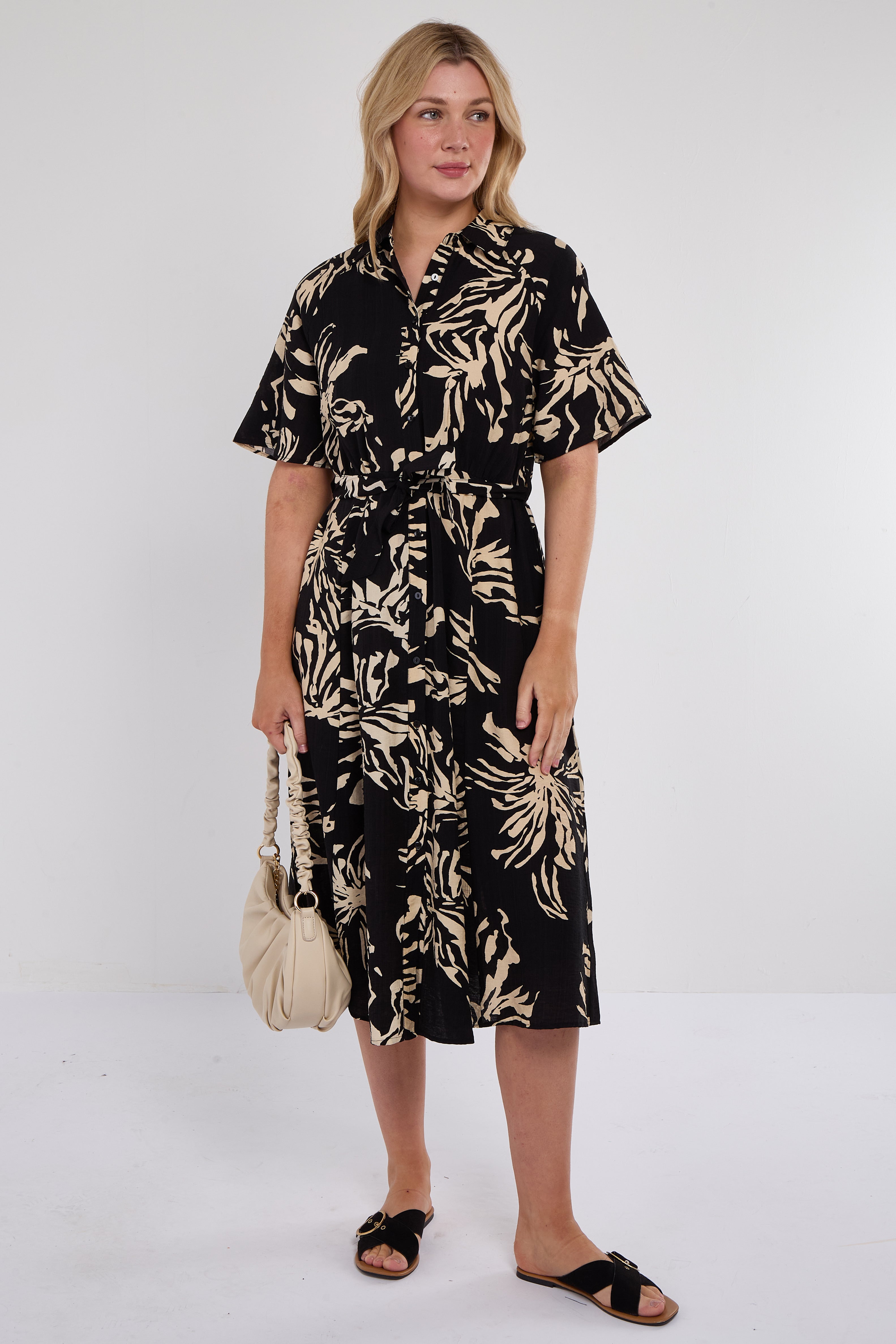 6Pcs Black Abstract Floral Print Short Sleeve Midi Dress