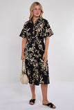 6Pcs Black Abstract Floral Print Short Sleeve Midi Dress