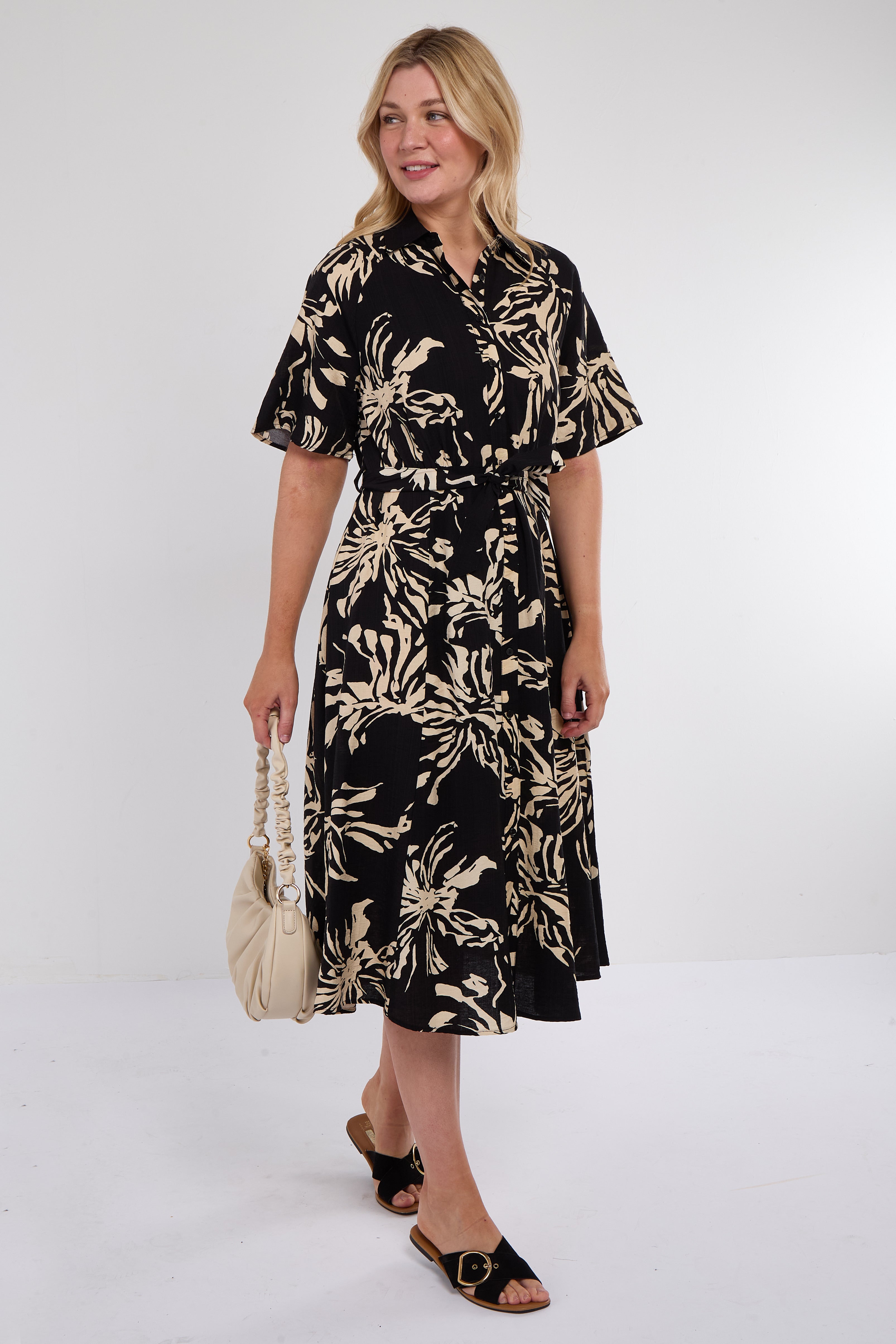 6Pcs Black Abstract Floral Print Short Sleeve Midi Dress