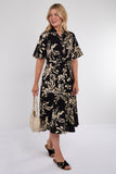 6Pcs Black Abstract Floral Print Short Sleeve Midi Dress