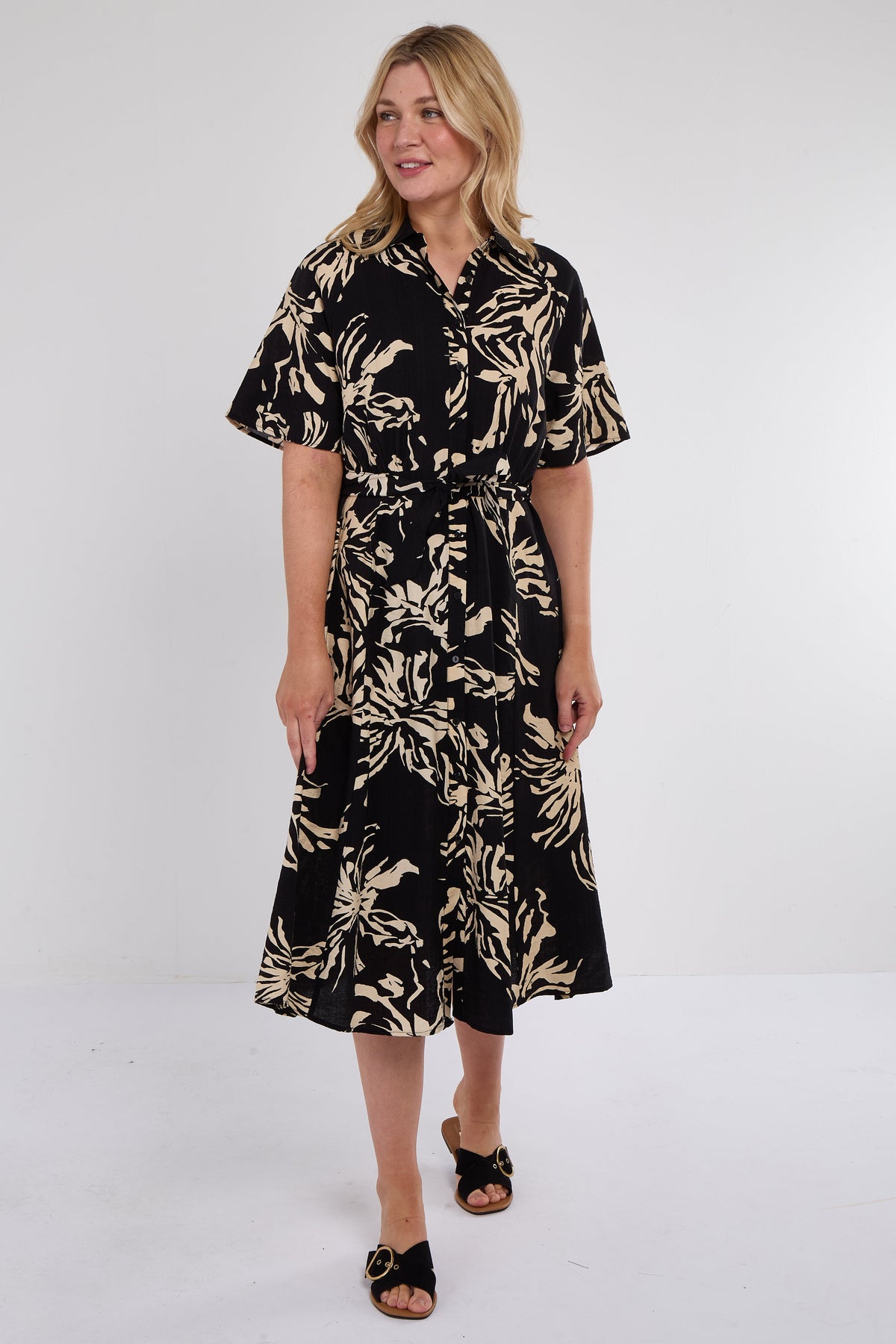 6Pcs Black Abstract Floral Print Short Sleeve Midi Dress