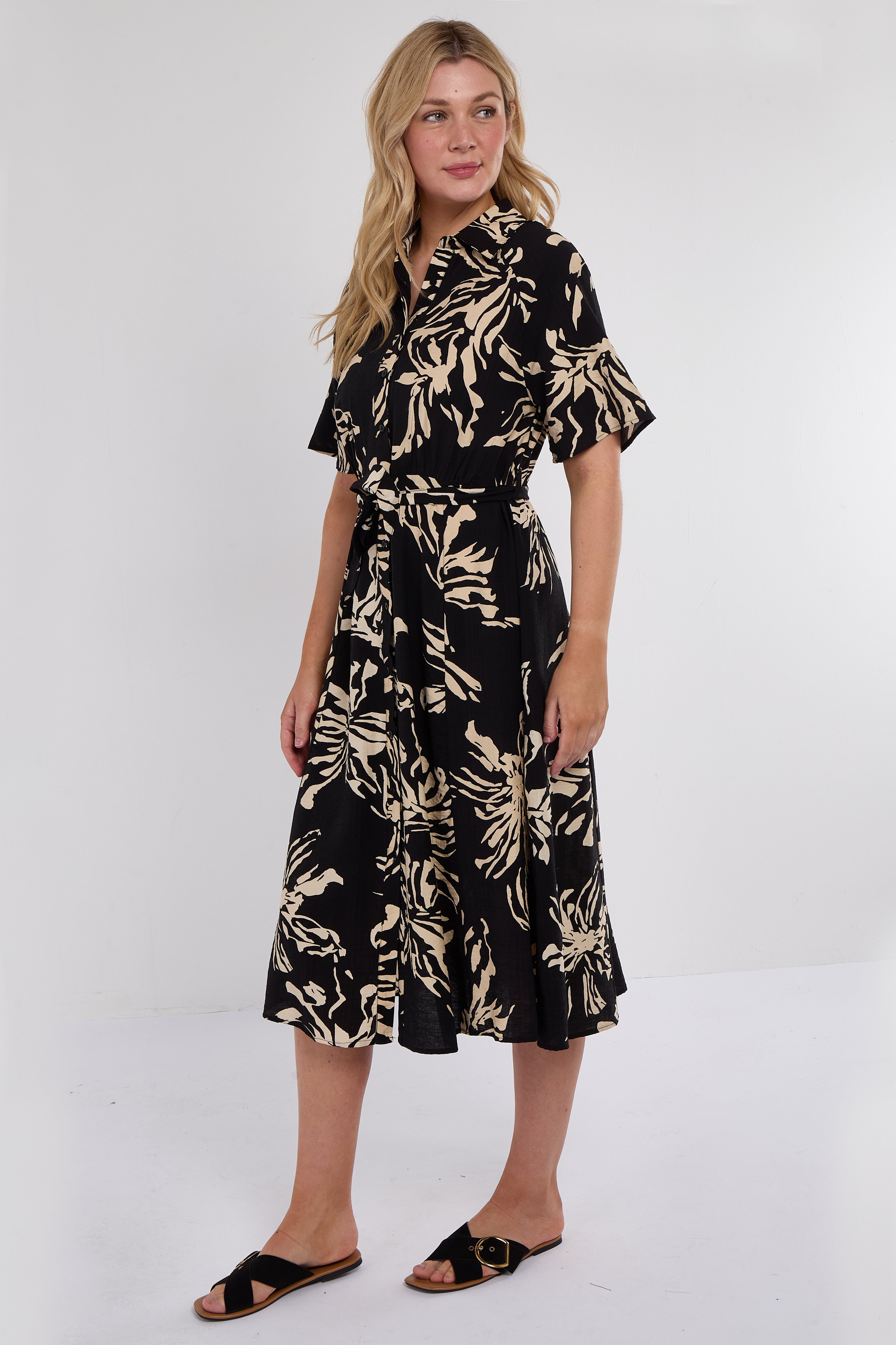 6Pcs Black Abstract Floral Print Short Sleeve Midi Dress