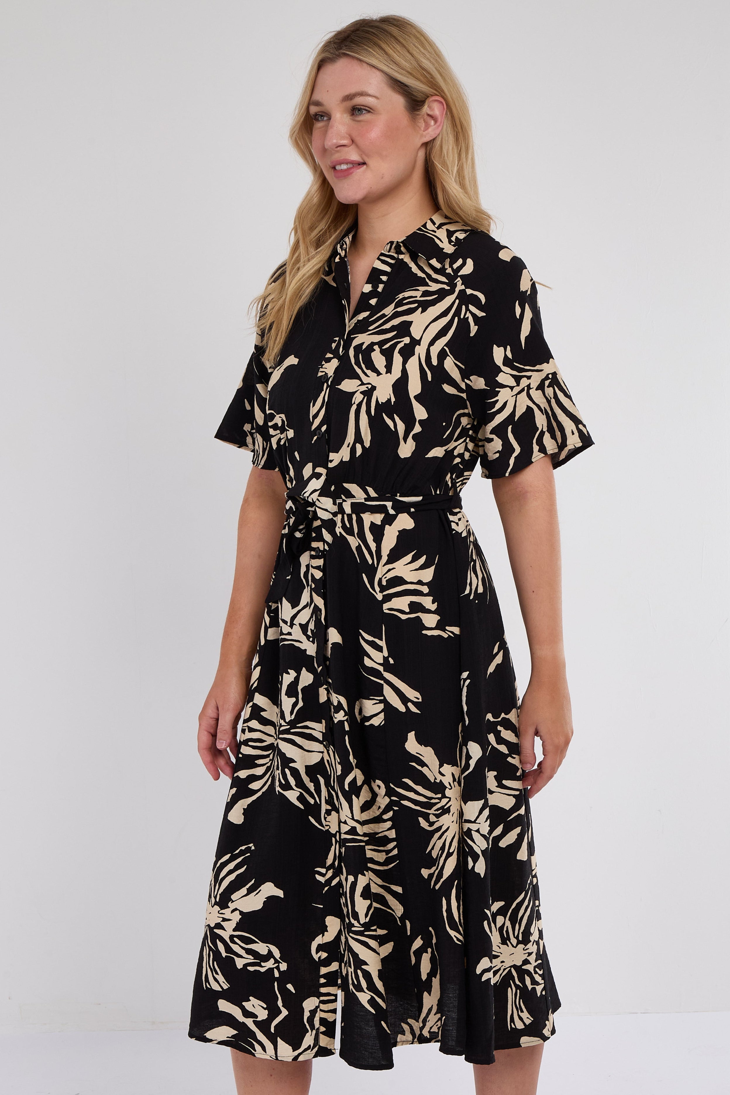 6Pcs Black Abstract Floral Print Short Sleeve Midi Dress