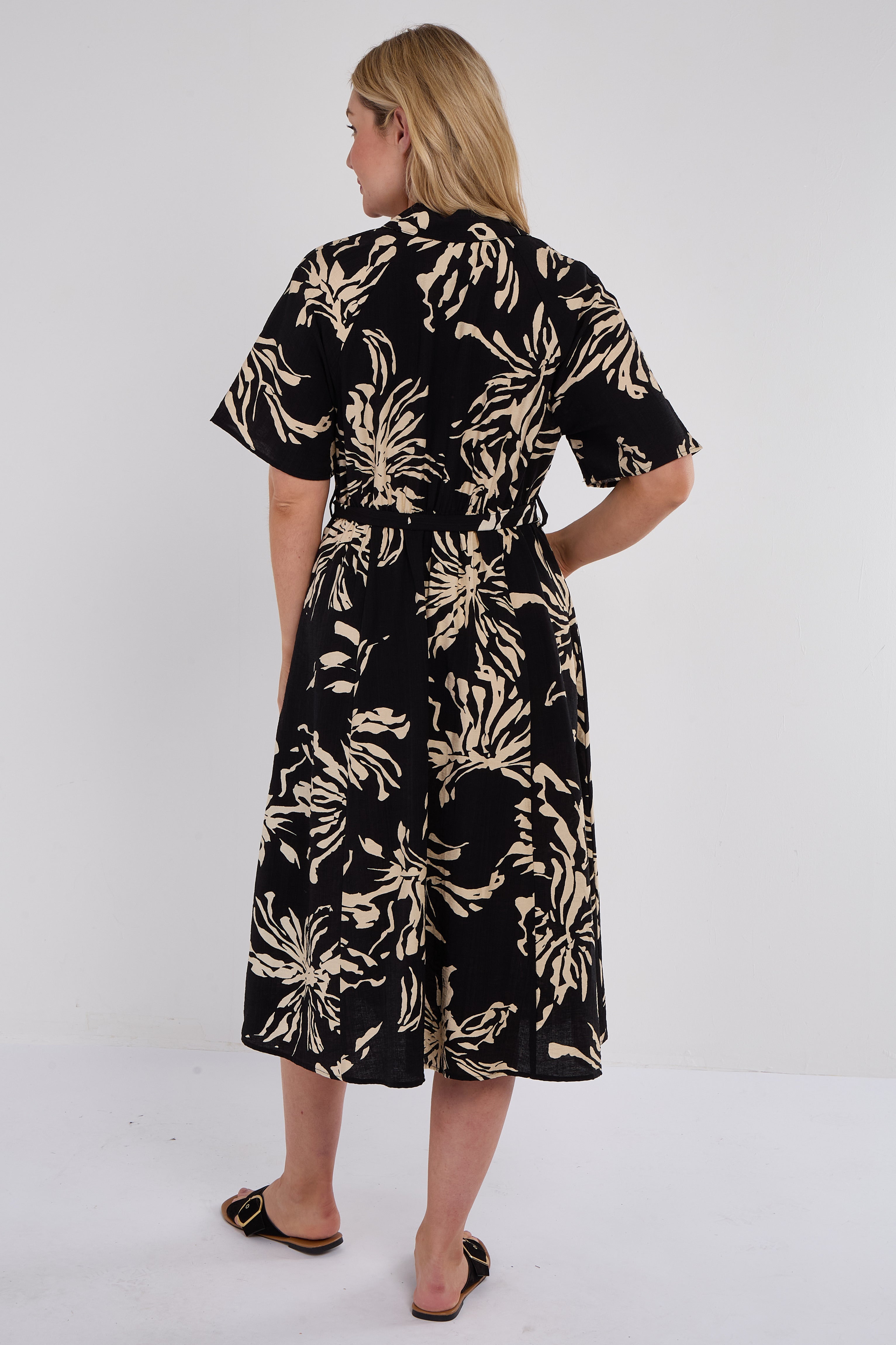 6Pcs Black Abstract Floral Print Short Sleeve Midi Dress