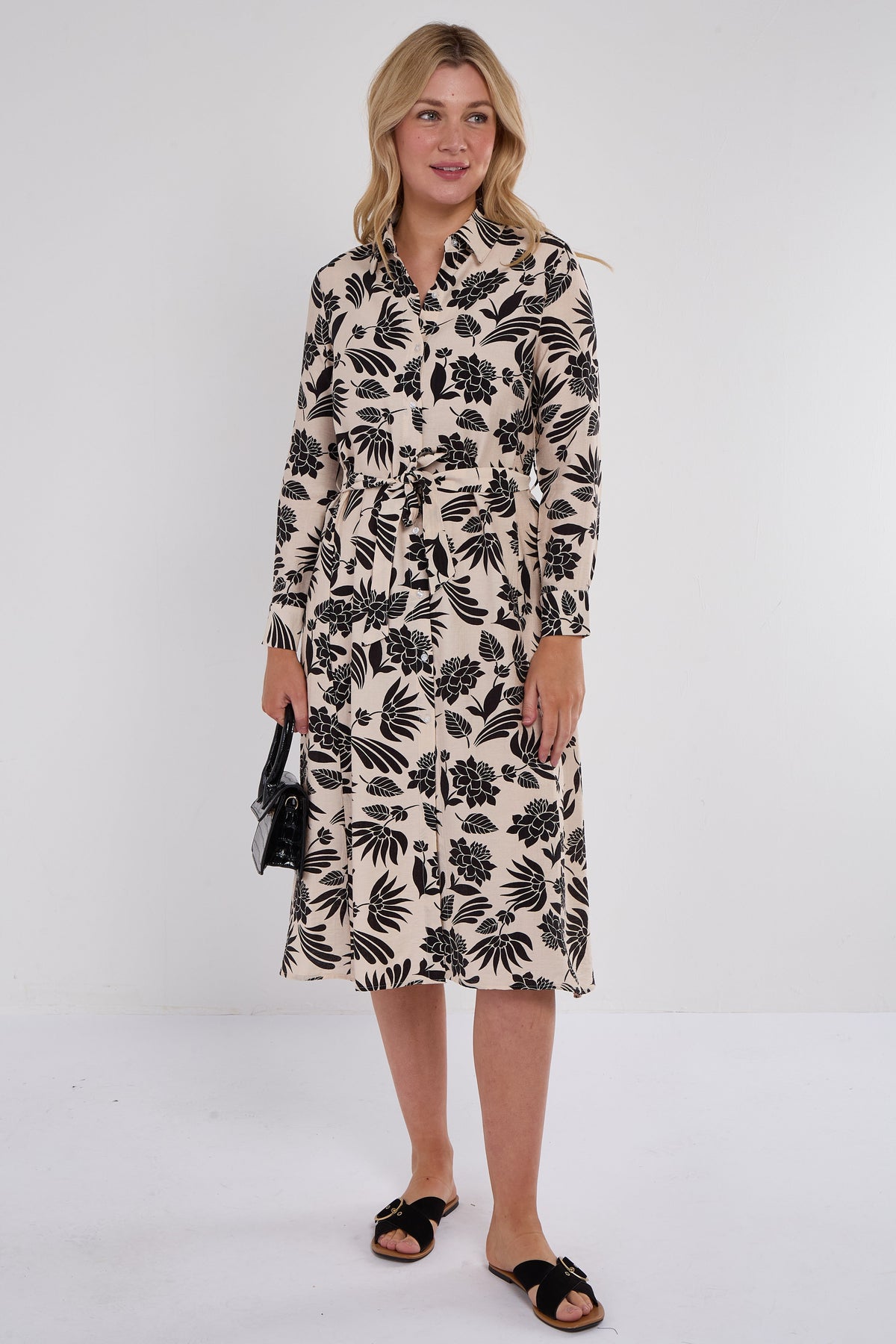 8Pcs Black Botanical Print Midi Shirt Dress