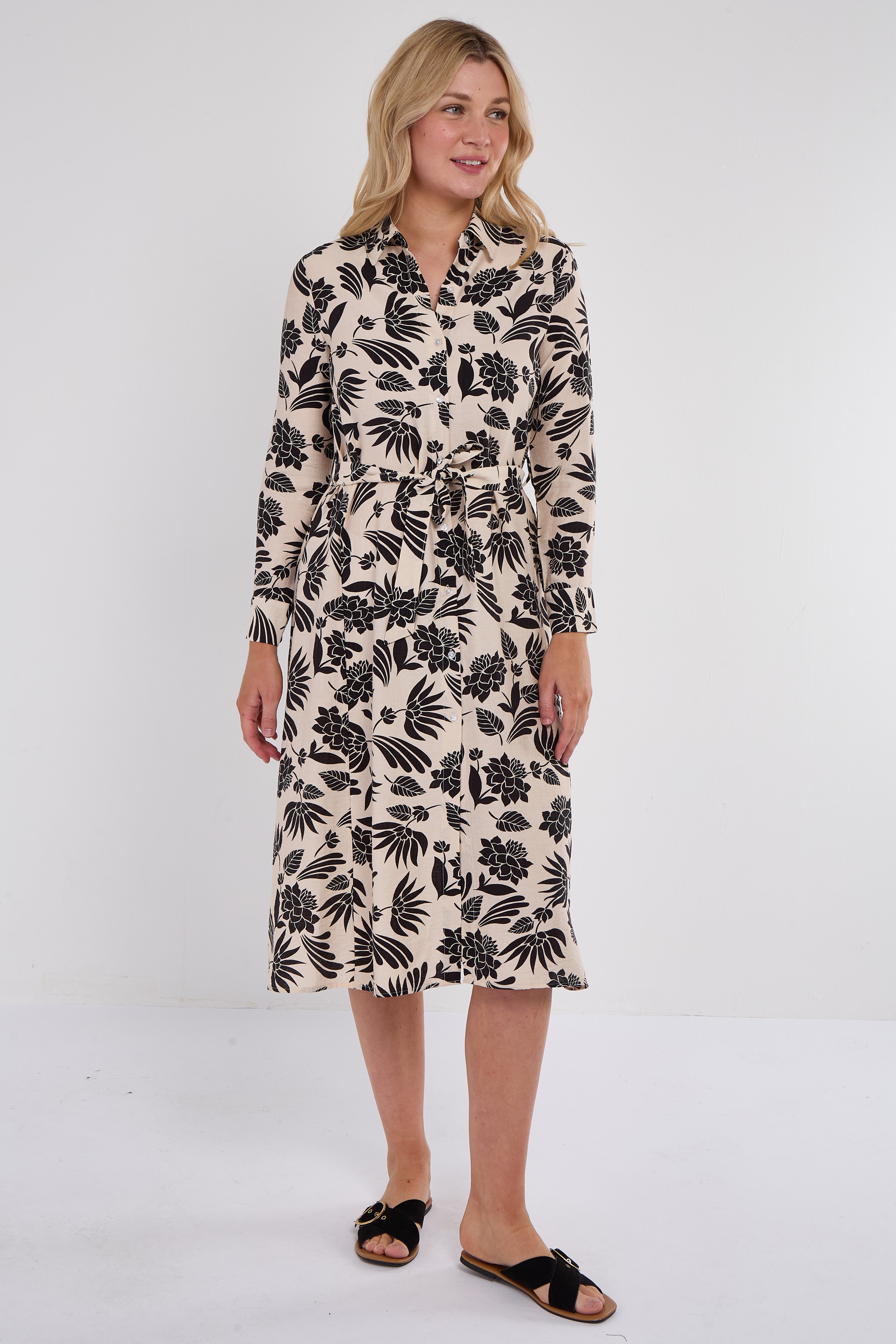 8Pcs Black Botanical Print Midi Shirt Dress