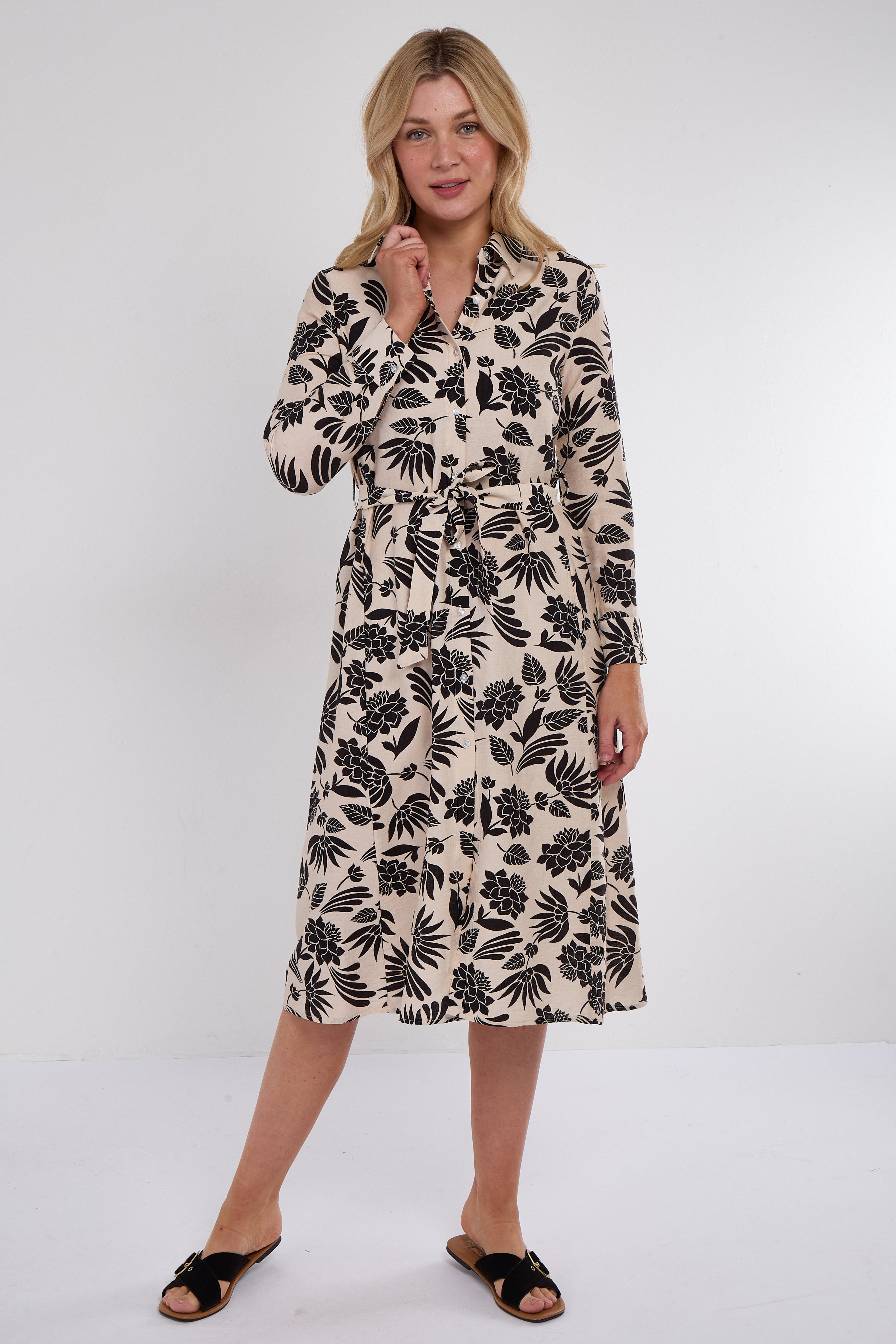 8Pcs Black Botanical Print Midi Shirt Dress