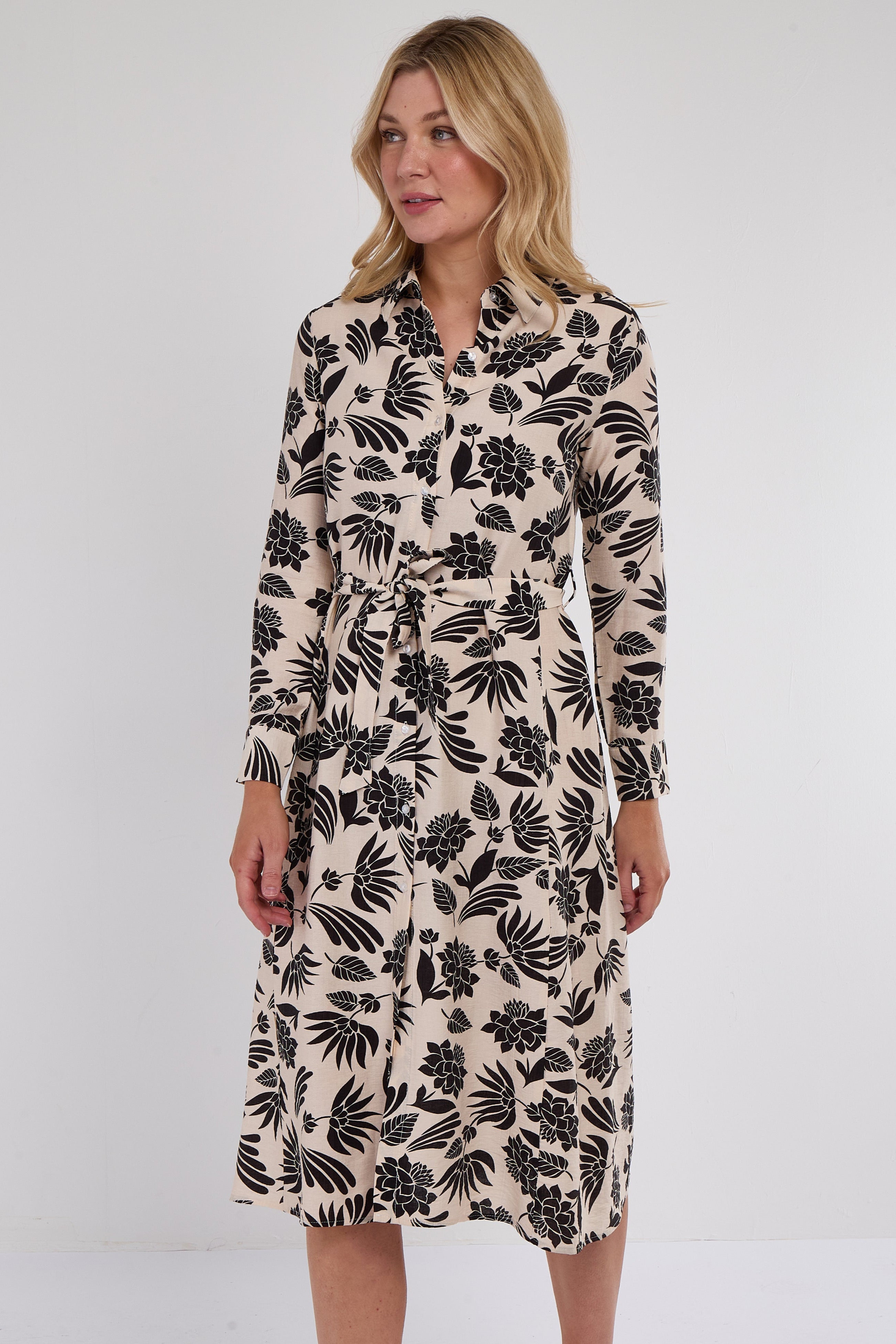 8Pcs Black Botanical Print Midi Shirt Dress