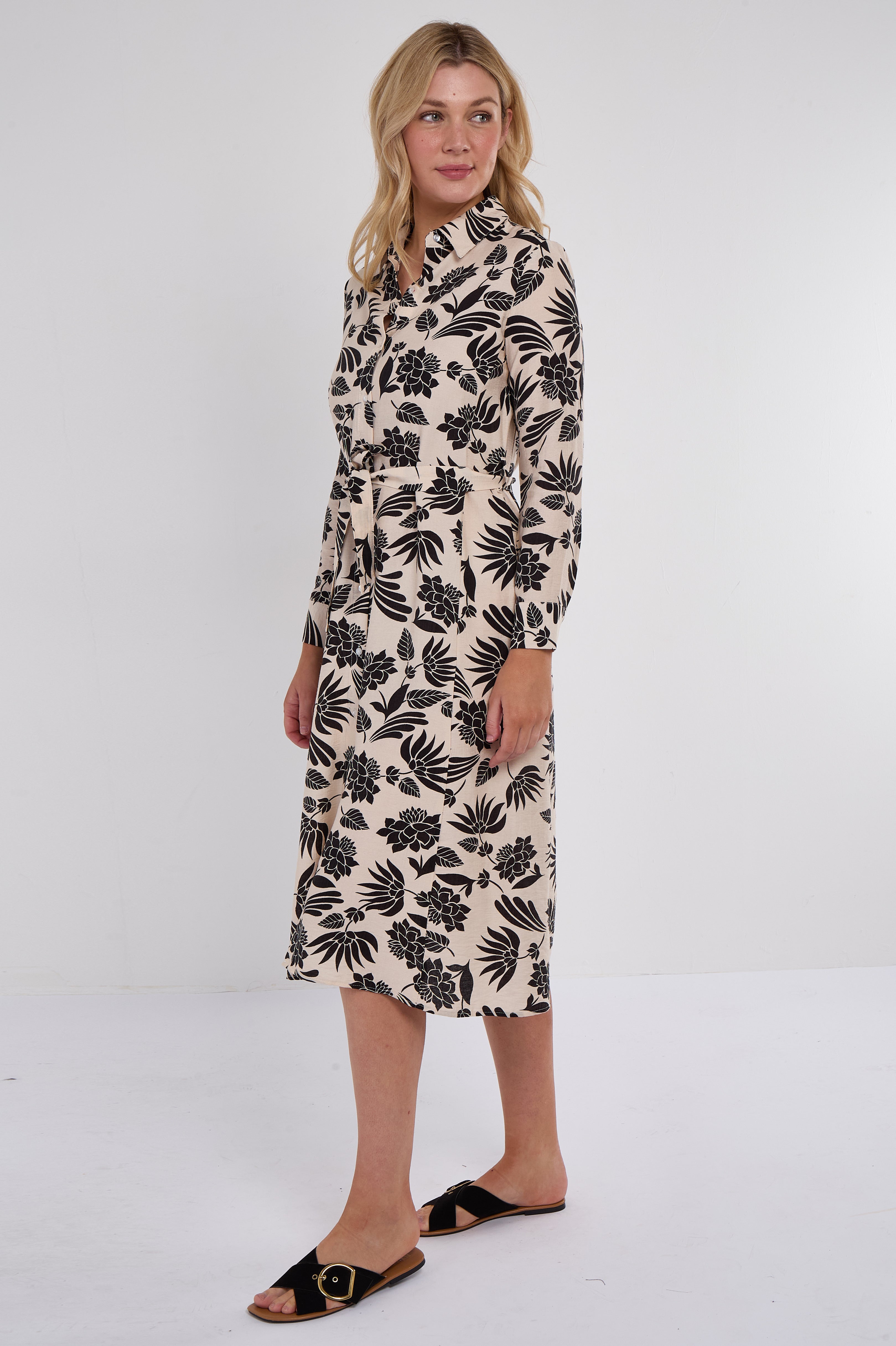 8Pcs Black Botanical Print Midi Shirt Dress
