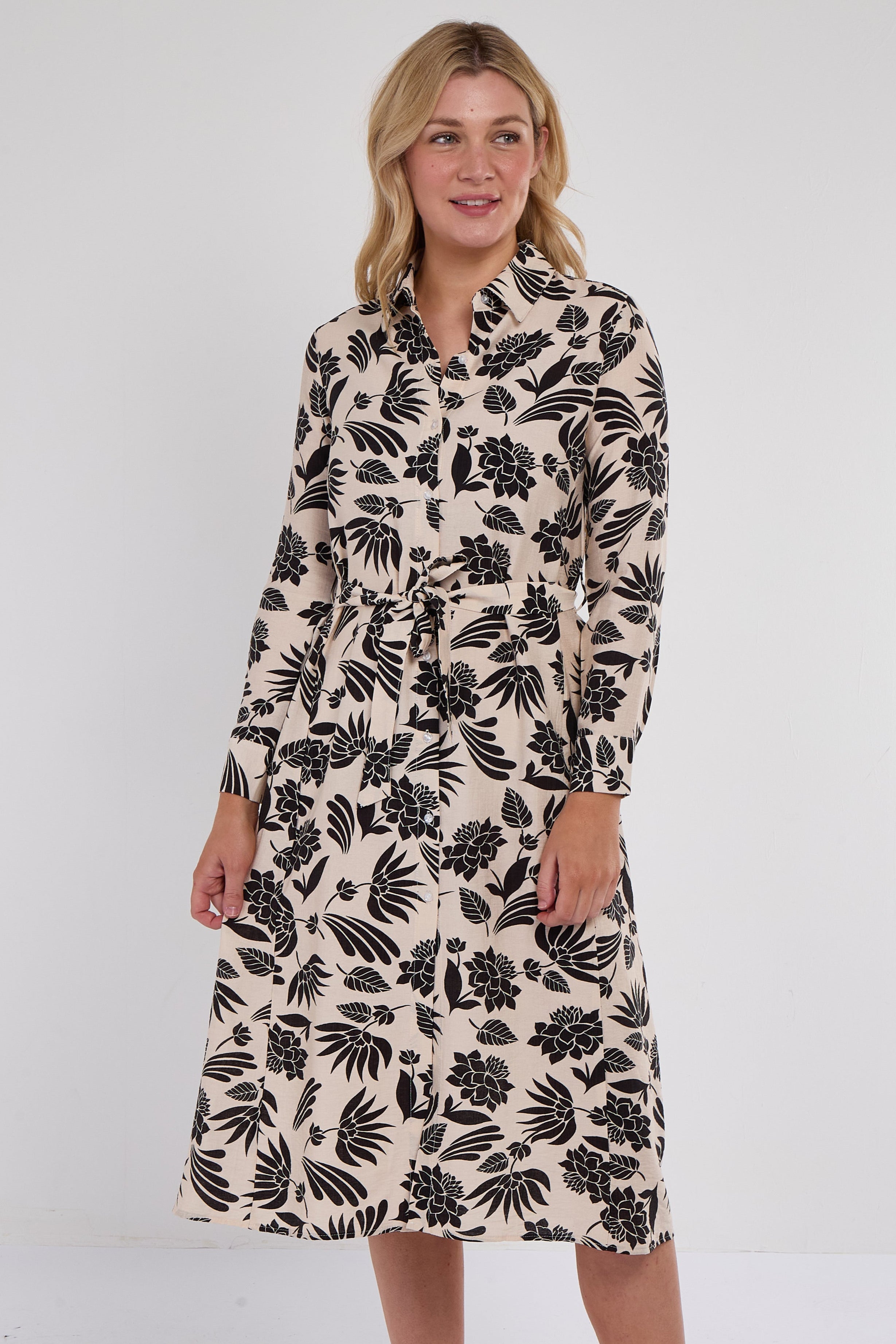 8Pcs Black Botanical Print Midi Shirt Dress