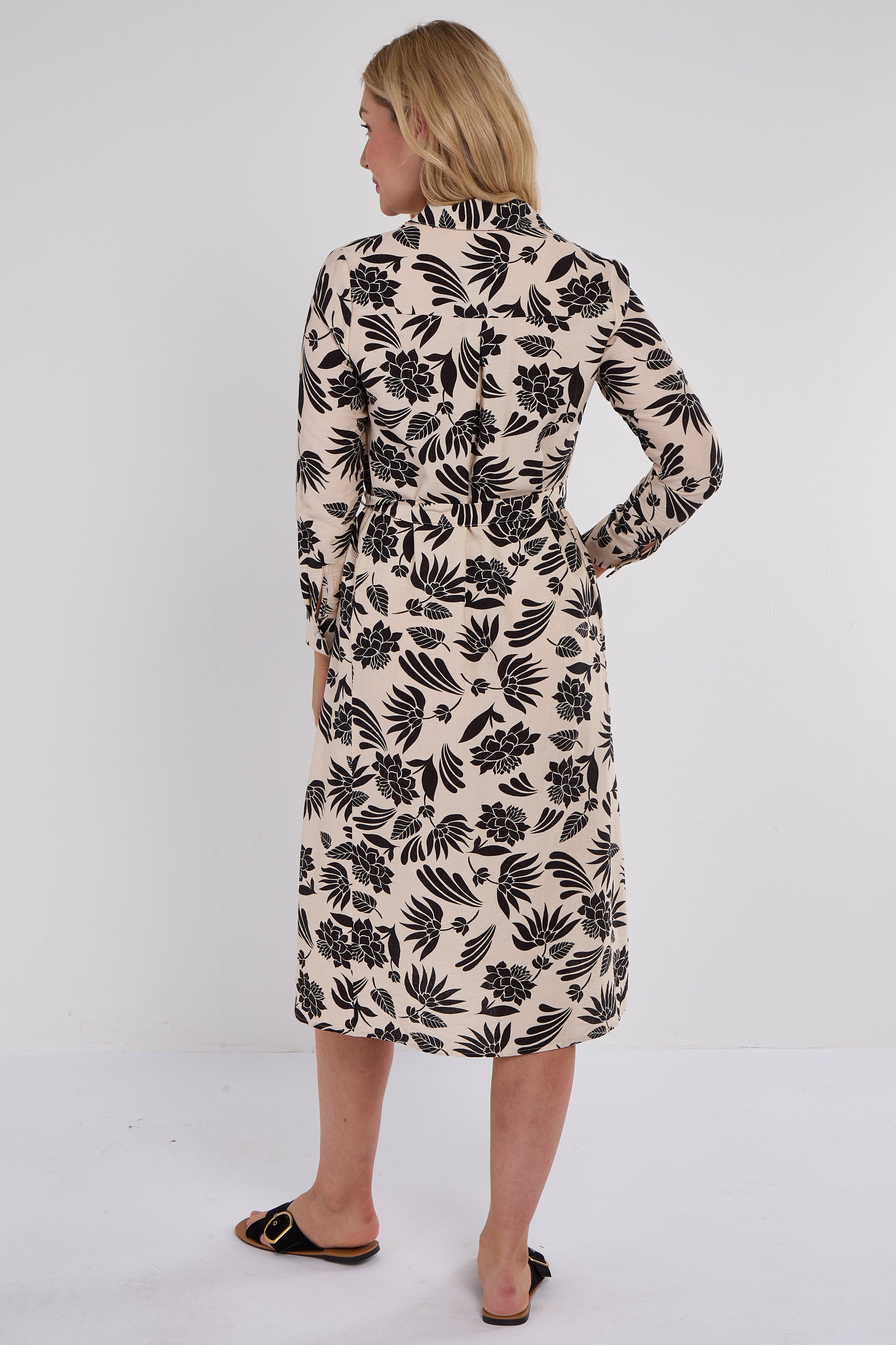 8Pcs Black Botanical Print Midi Shirt Dress