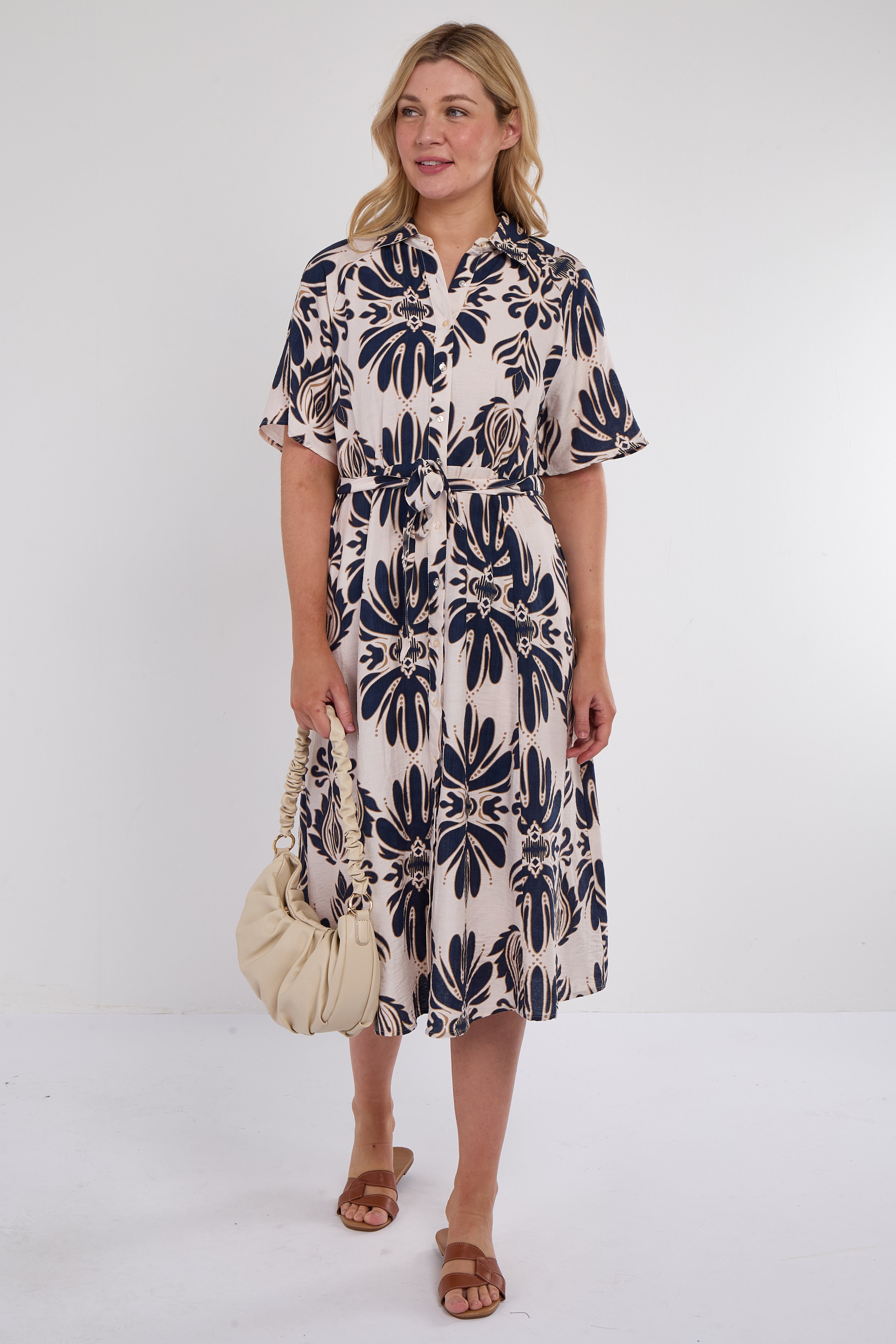 6Pcs Navy Abstract Print Short Sleeve Midi Dress
