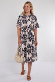 6Pcs Navy Abstract Print Short Sleeve Midi Dress