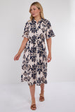 6Pcs Navy Abstract Print Short Sleeve Midi Dress