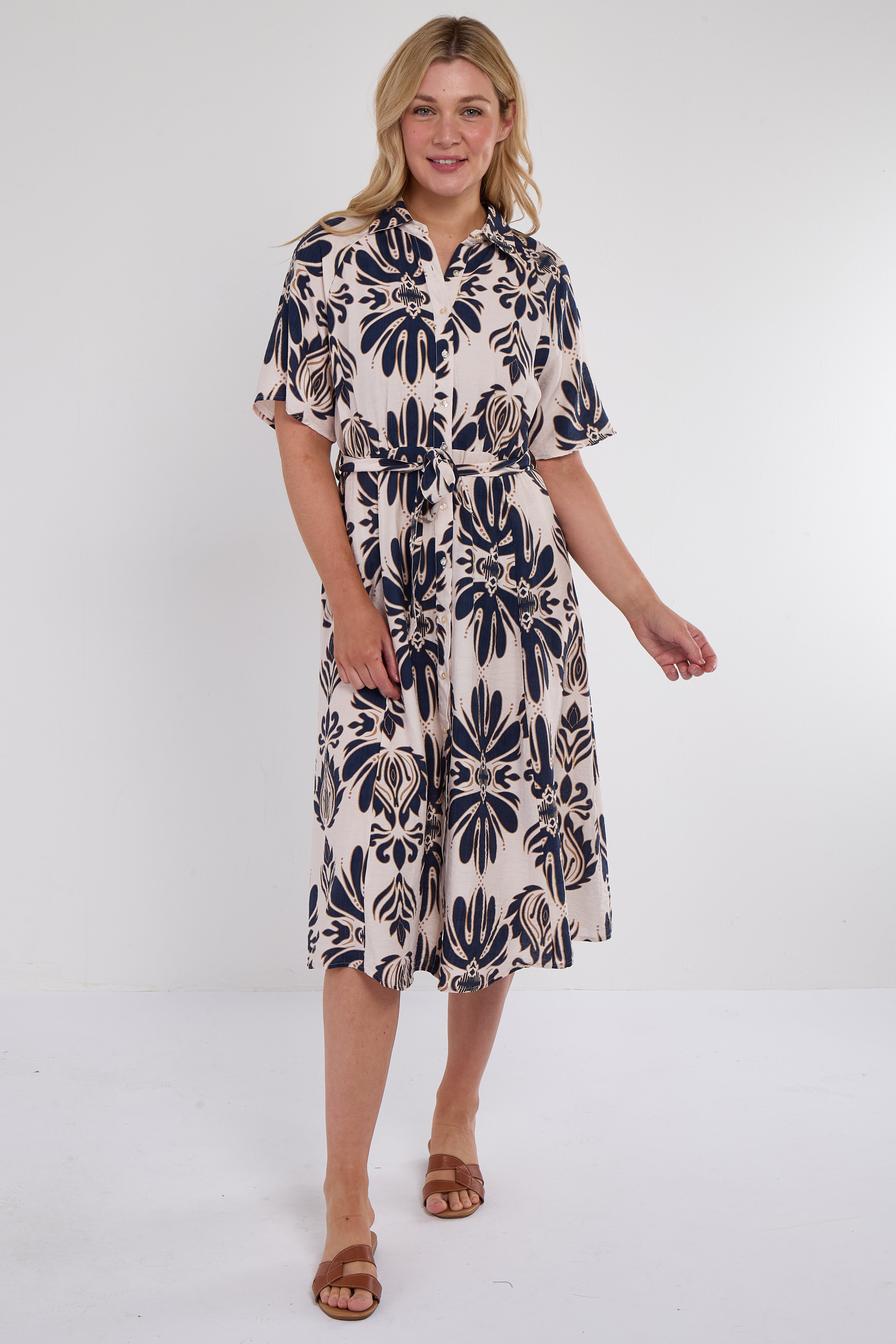 6Pcs Navy Abstract Print Short Sleeve Midi Dress