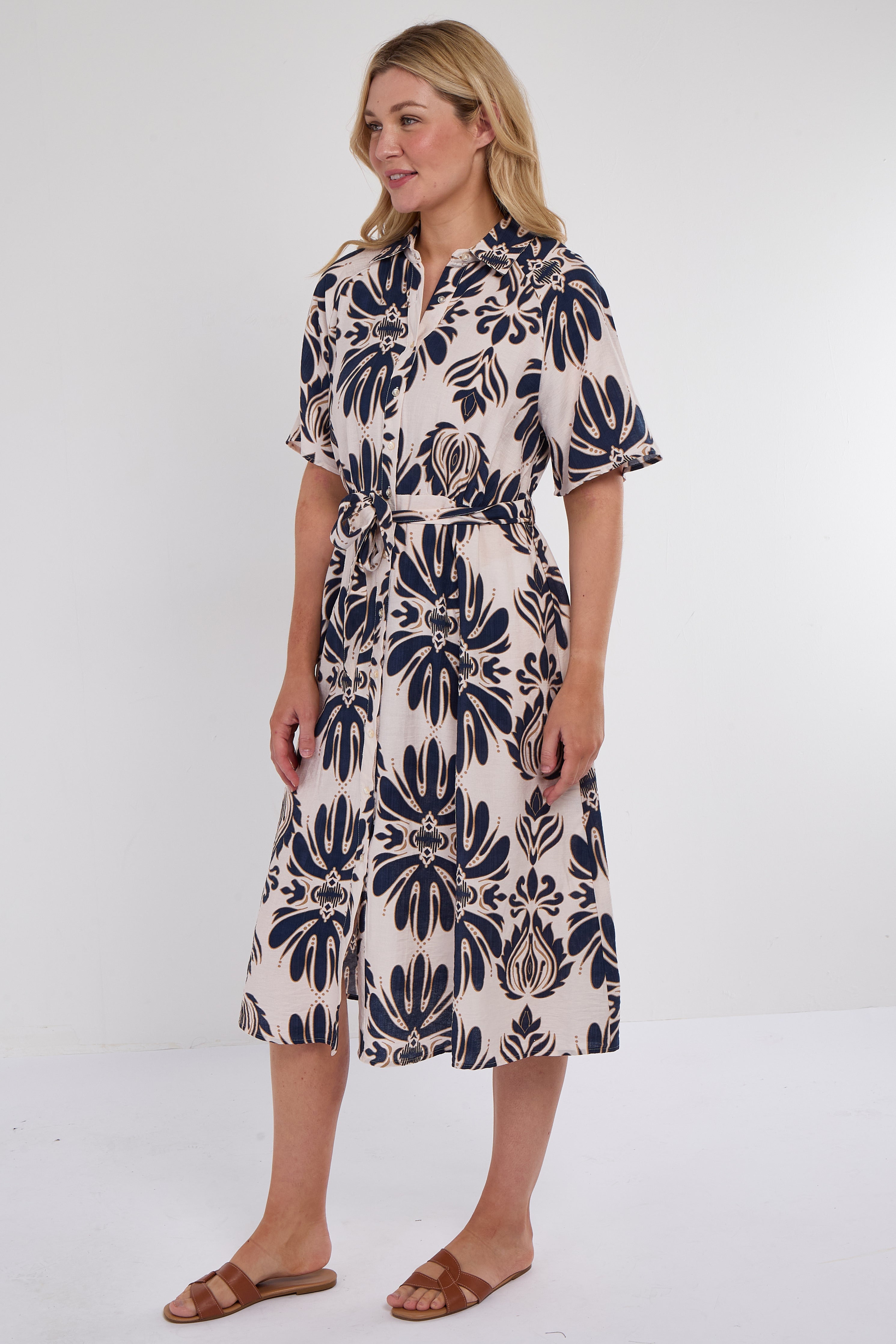 6Pcs Navy Abstract Print Short Sleeve Midi Dress