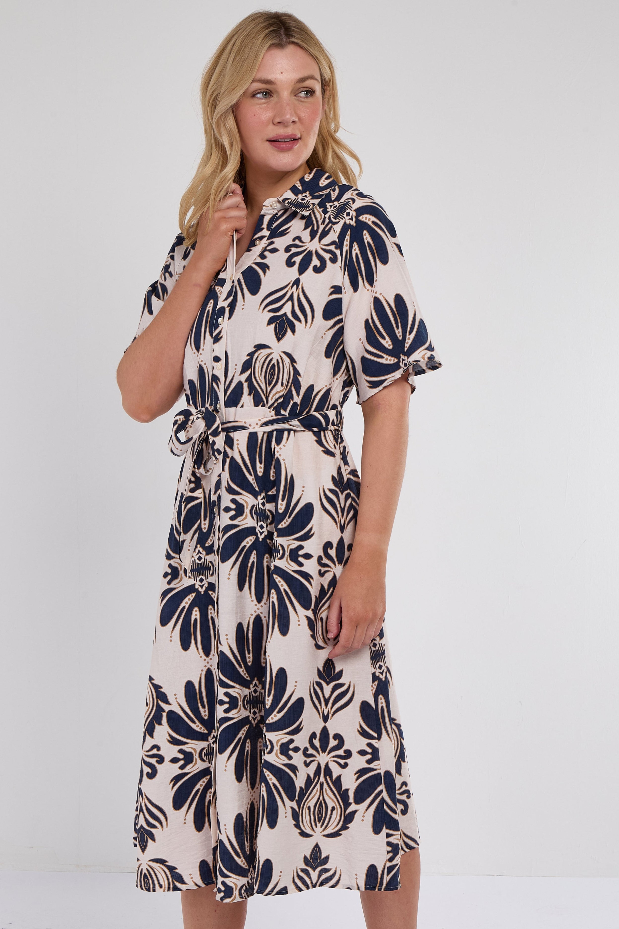 6Pcs Navy Abstract Print Short Sleeve Midi Dress
