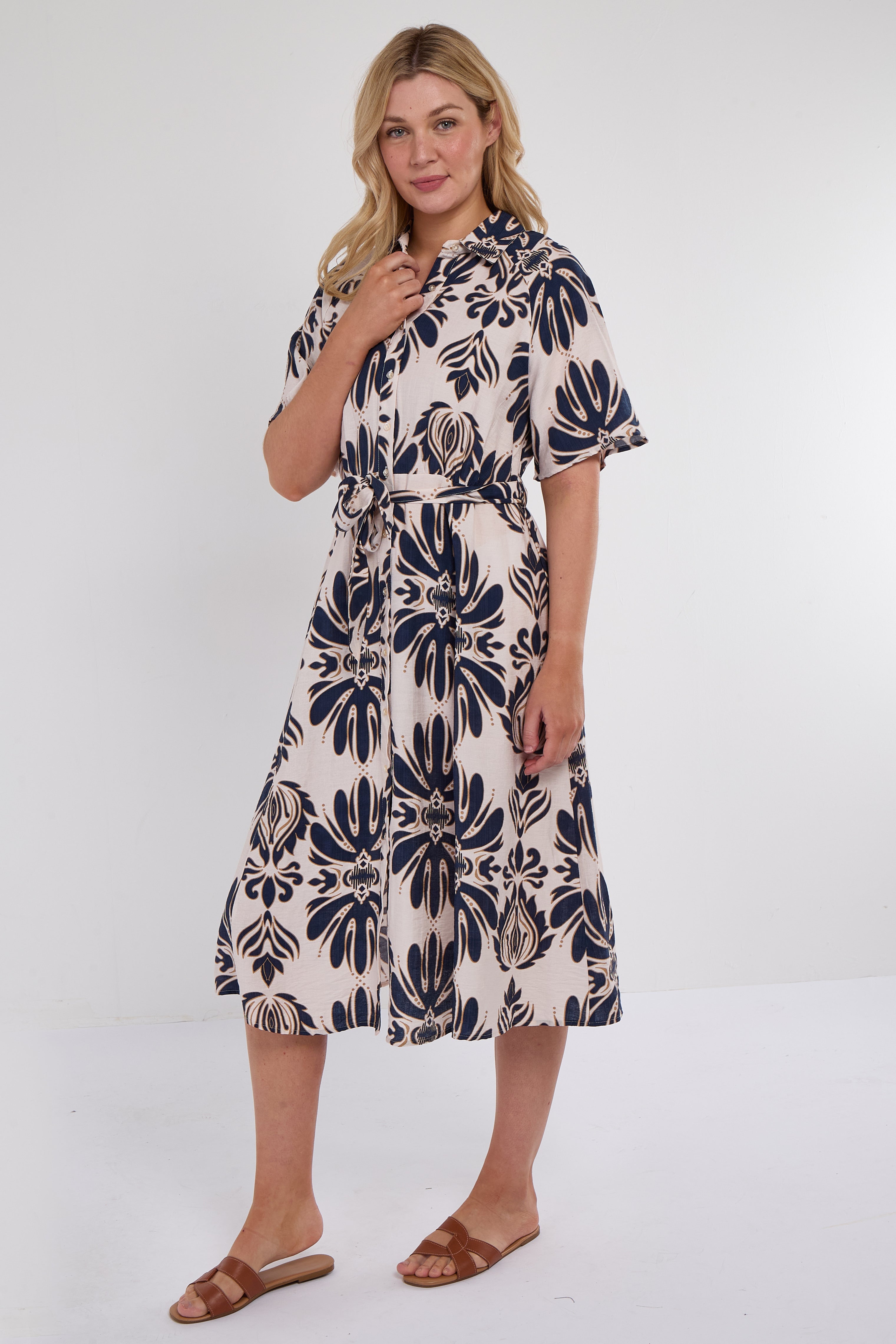 6Pcs Navy Abstract Print Short Sleeve Midi Dress