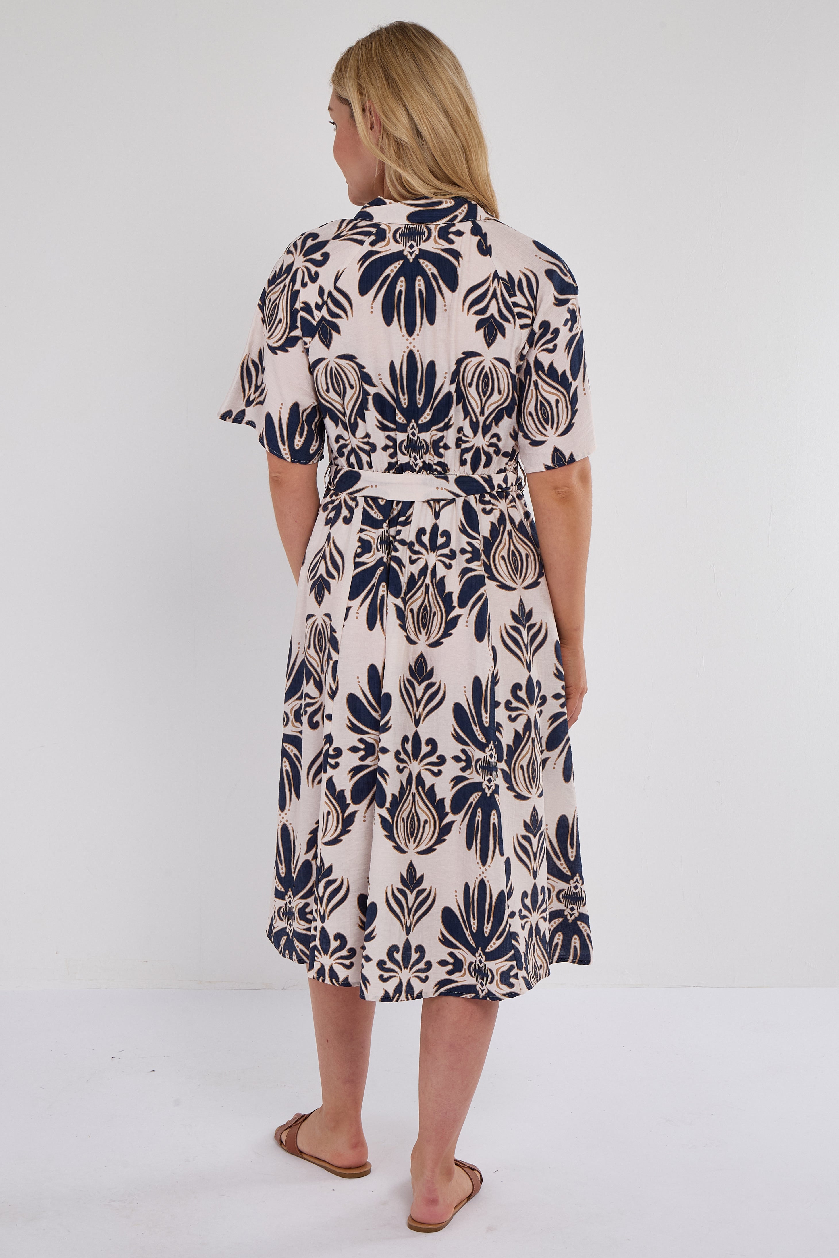 6Pcs Navy Abstract Print Short Sleeve Midi Dress