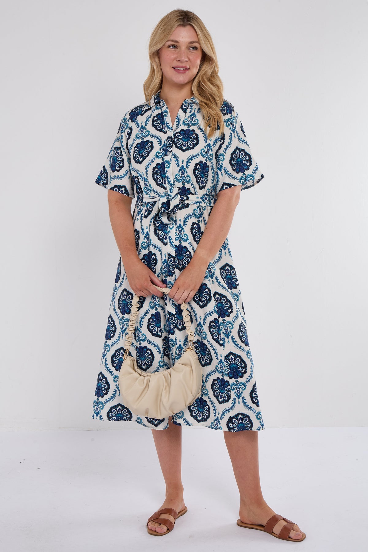 6Pcs Navy Floral Tile Print Short Sleeve Midi Shirt Dress