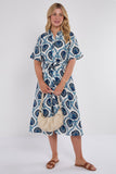6Pcs Navy Floral Tile Print Short Sleeve Midi Shirt Dress