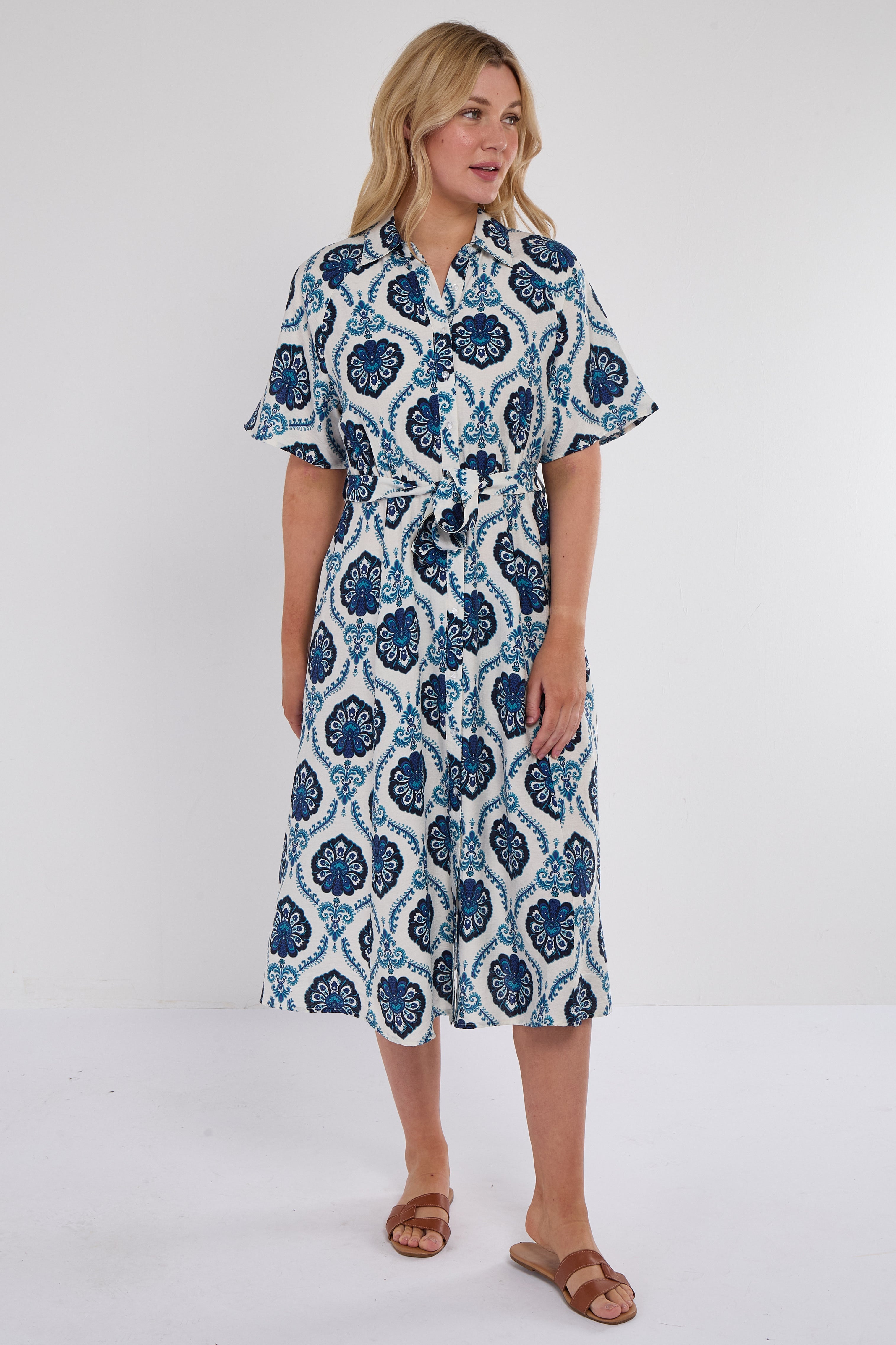 6Pcs Navy Floral Tile Print Short Sleeve Midi Shirt Dress