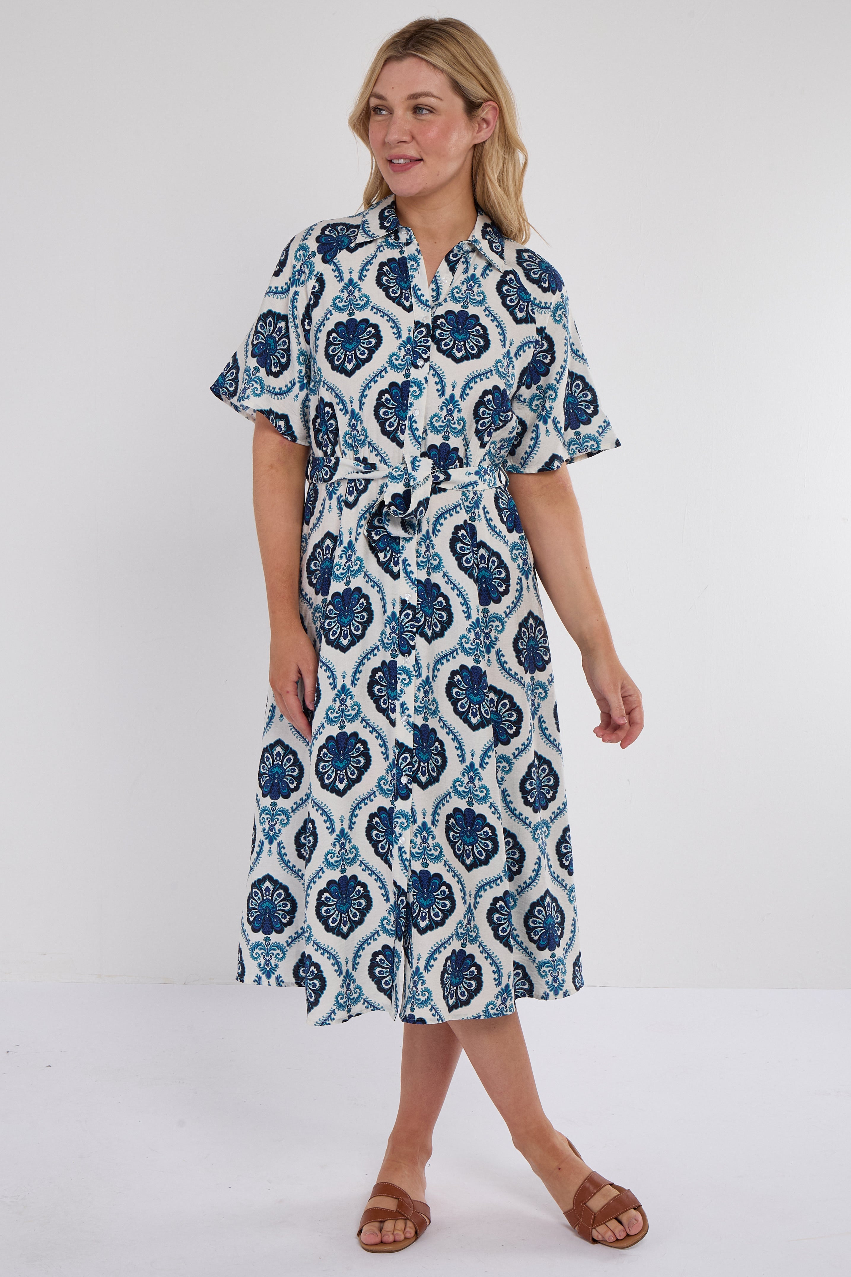6Pcs Navy Floral Tile Print Short Sleeve Midi Shirt Dress