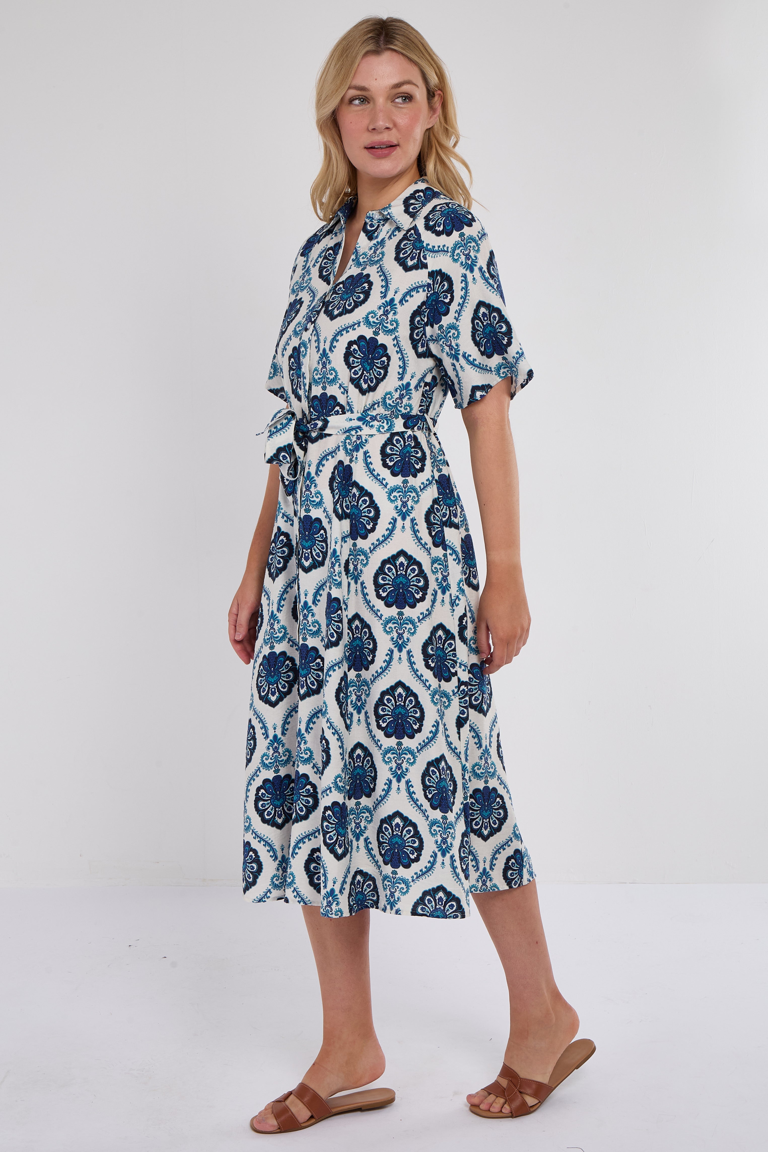 6Pcs Navy Floral Tile Print Short Sleeve Midi Shirt Dress