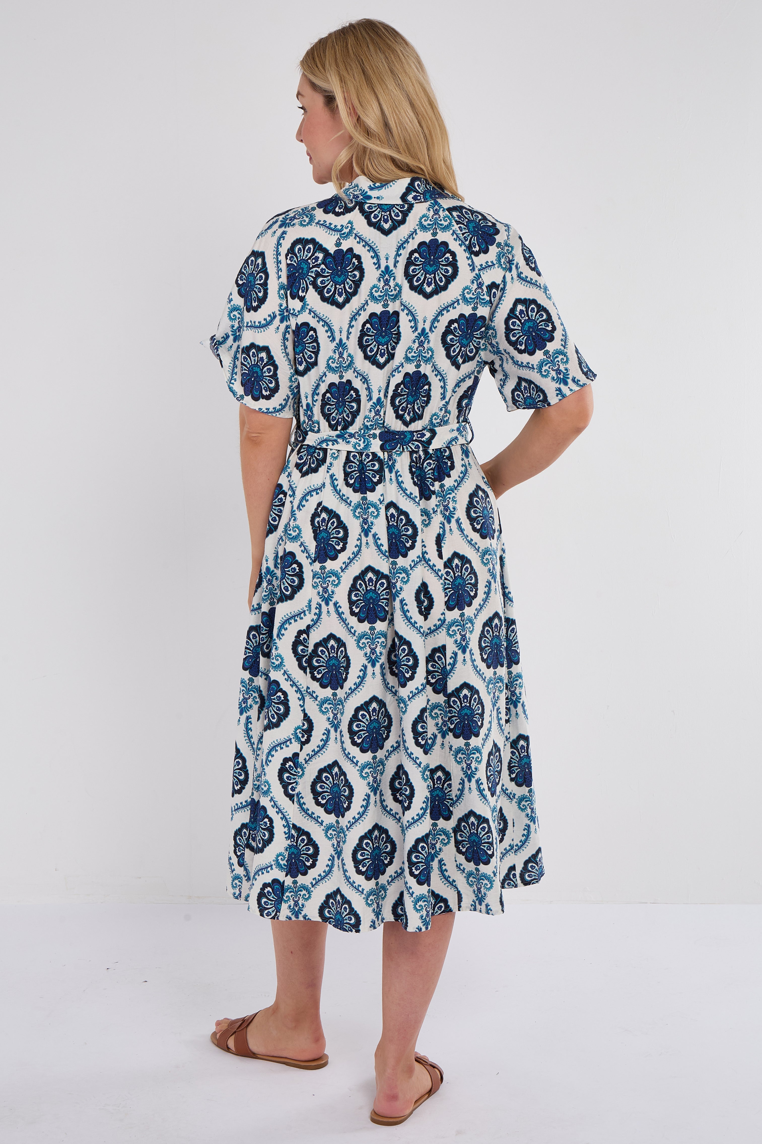 6Pcs Navy Floral Tile Print Short Sleeve Midi Shirt Dress