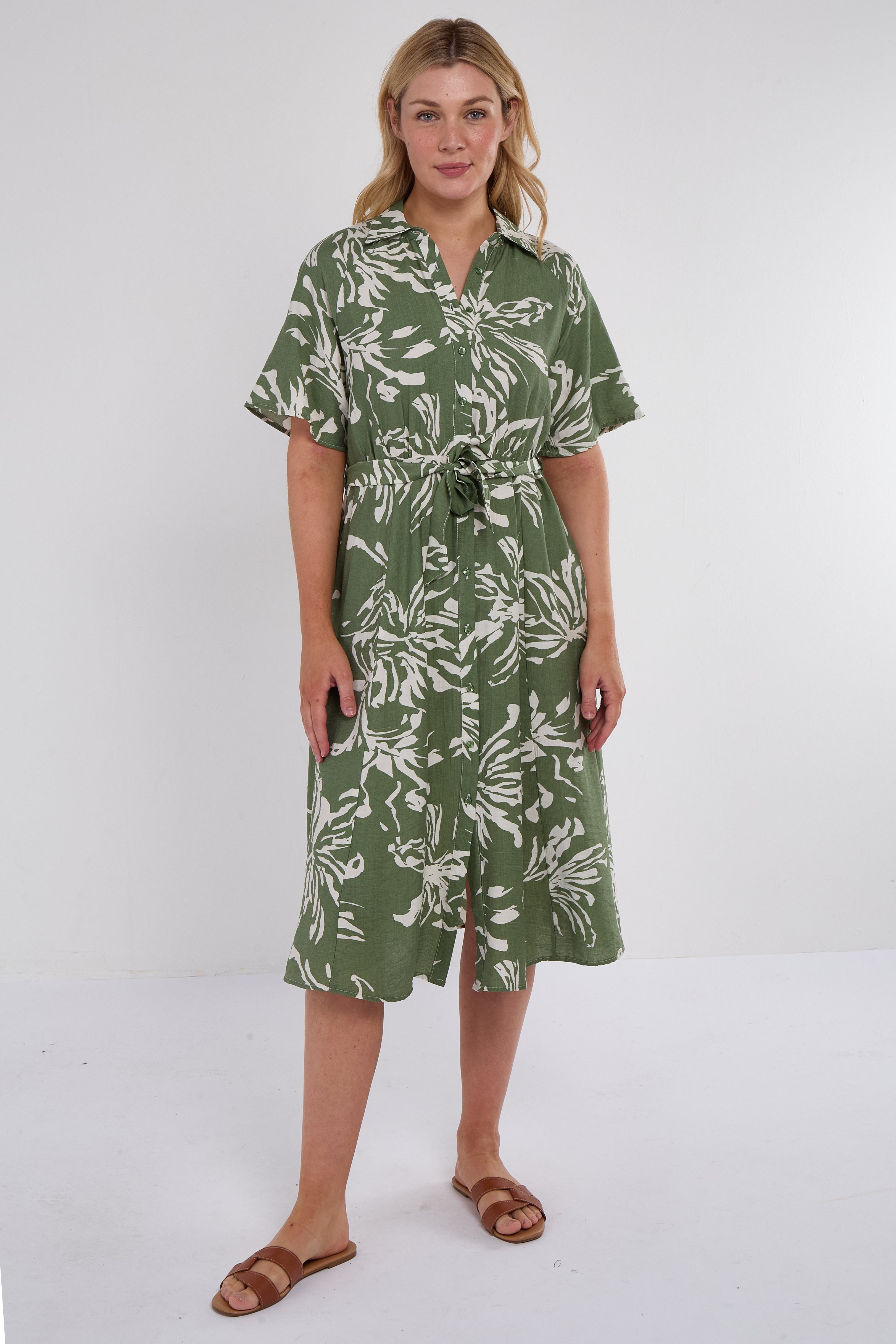 6Pcs Green Abstract Floral Print Short Sleeve Midi Dress