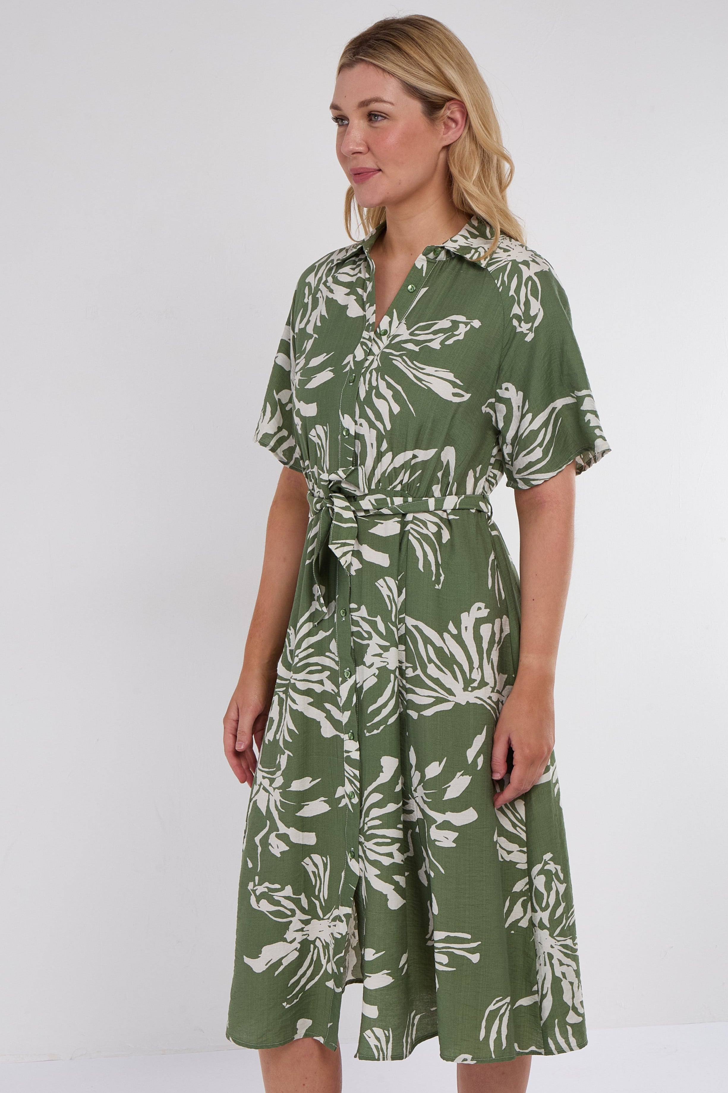 6Pcs Green Abstract Floral Print Short Sleeve Midi Dress