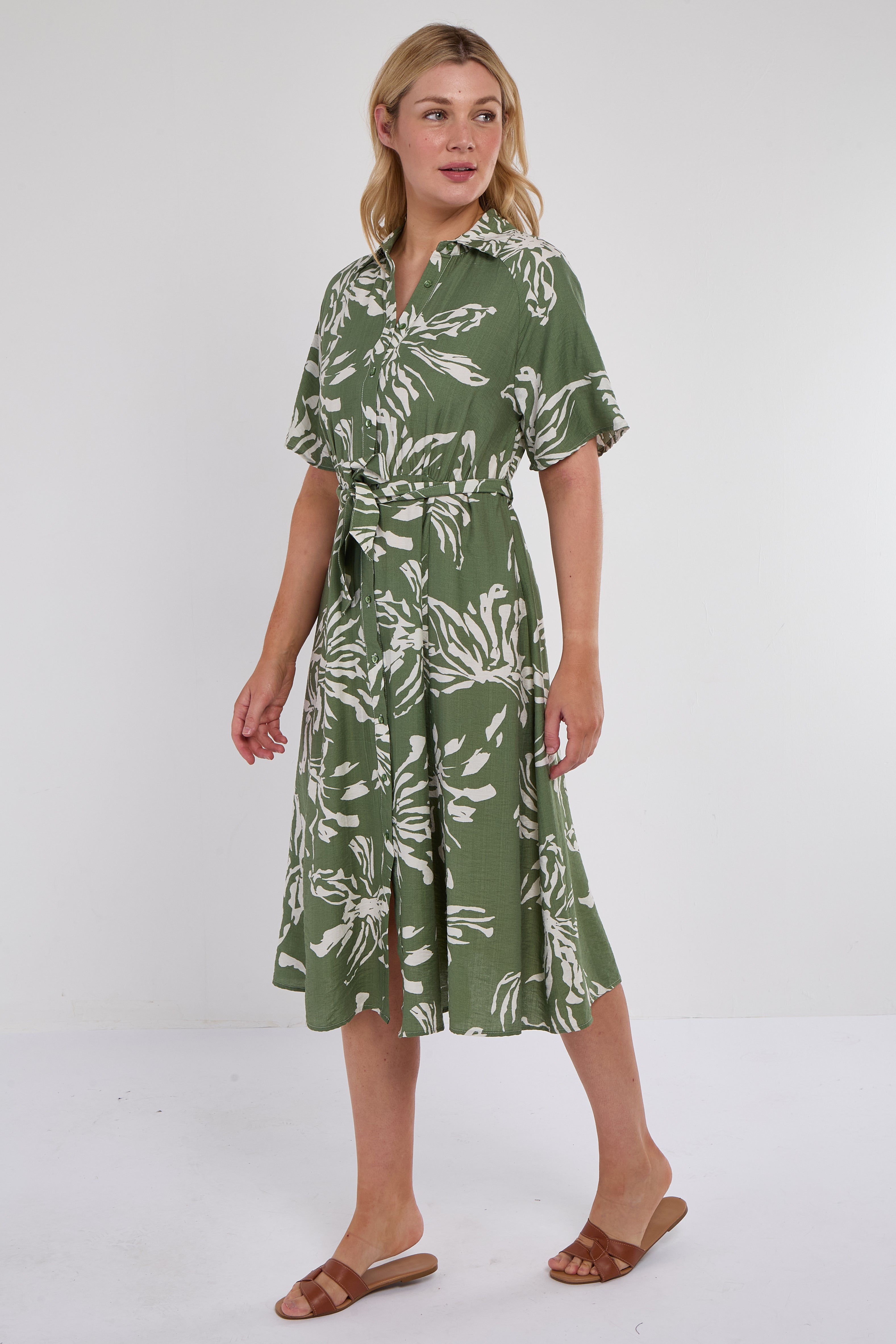 6Pcs Green Abstract Floral Print Short Sleeve Midi Dress