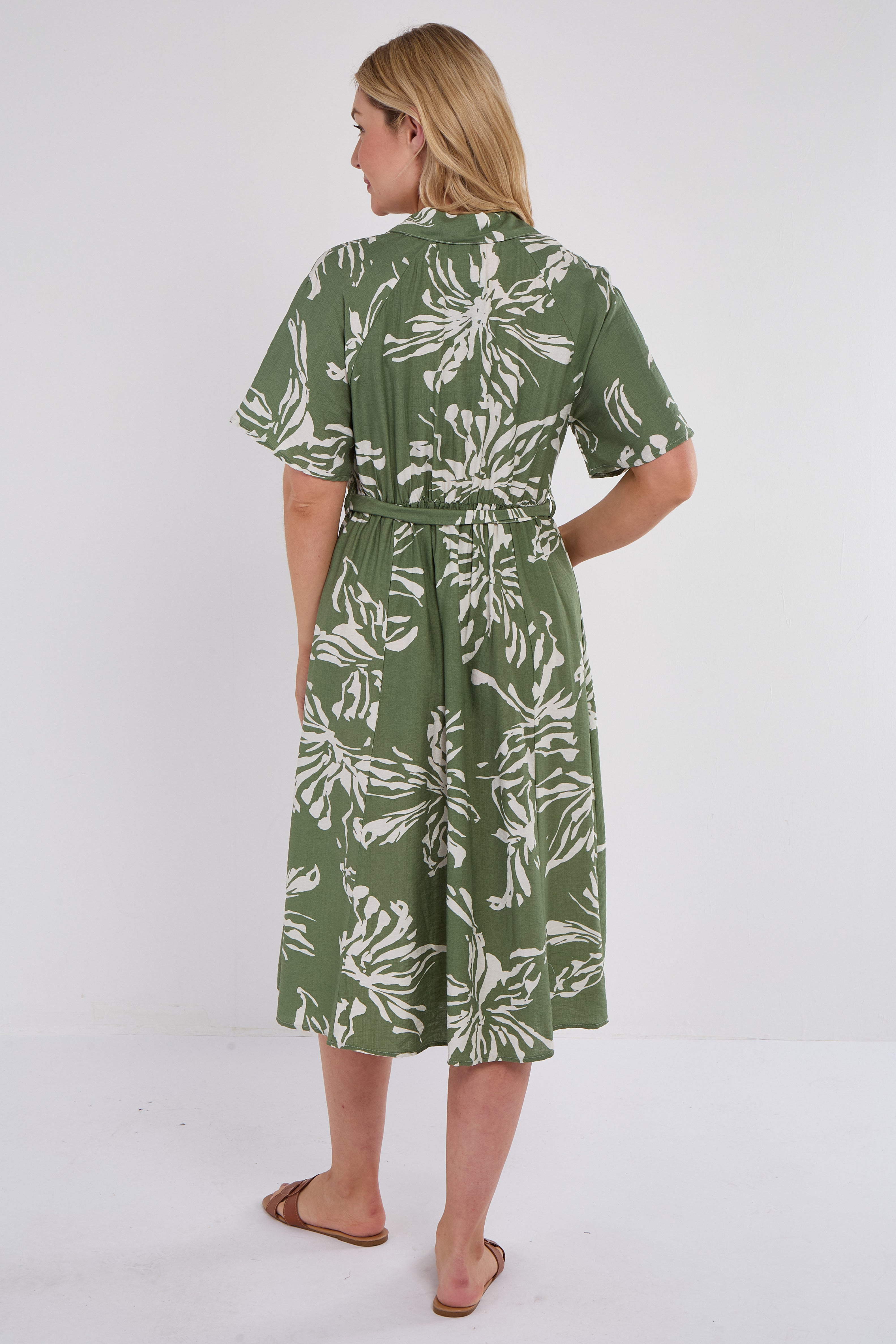 6Pcs Green Abstract Floral Print Short Sleeve Midi Dress