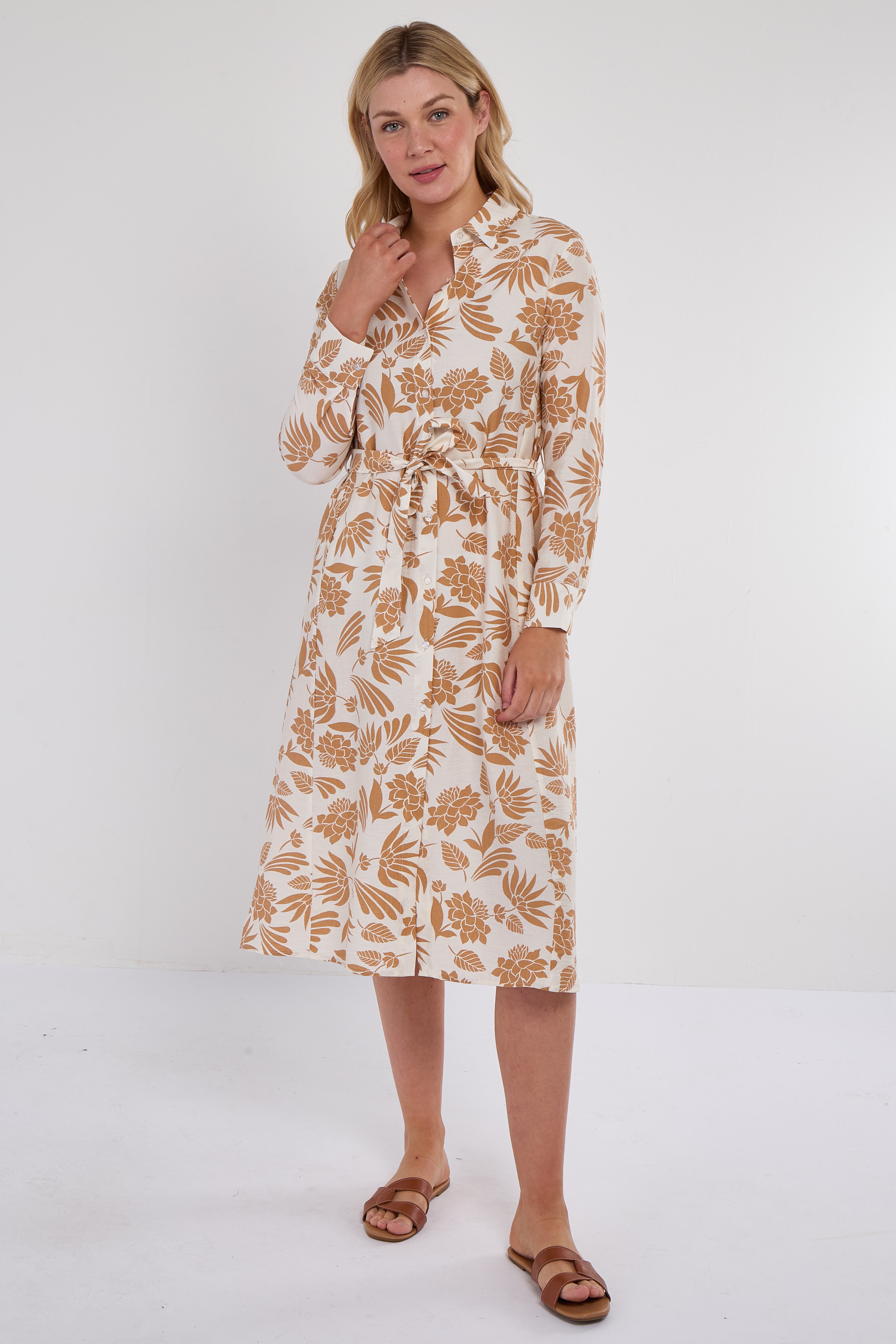 8Pcs Ochre Botanical Print Midi Shirt Dress