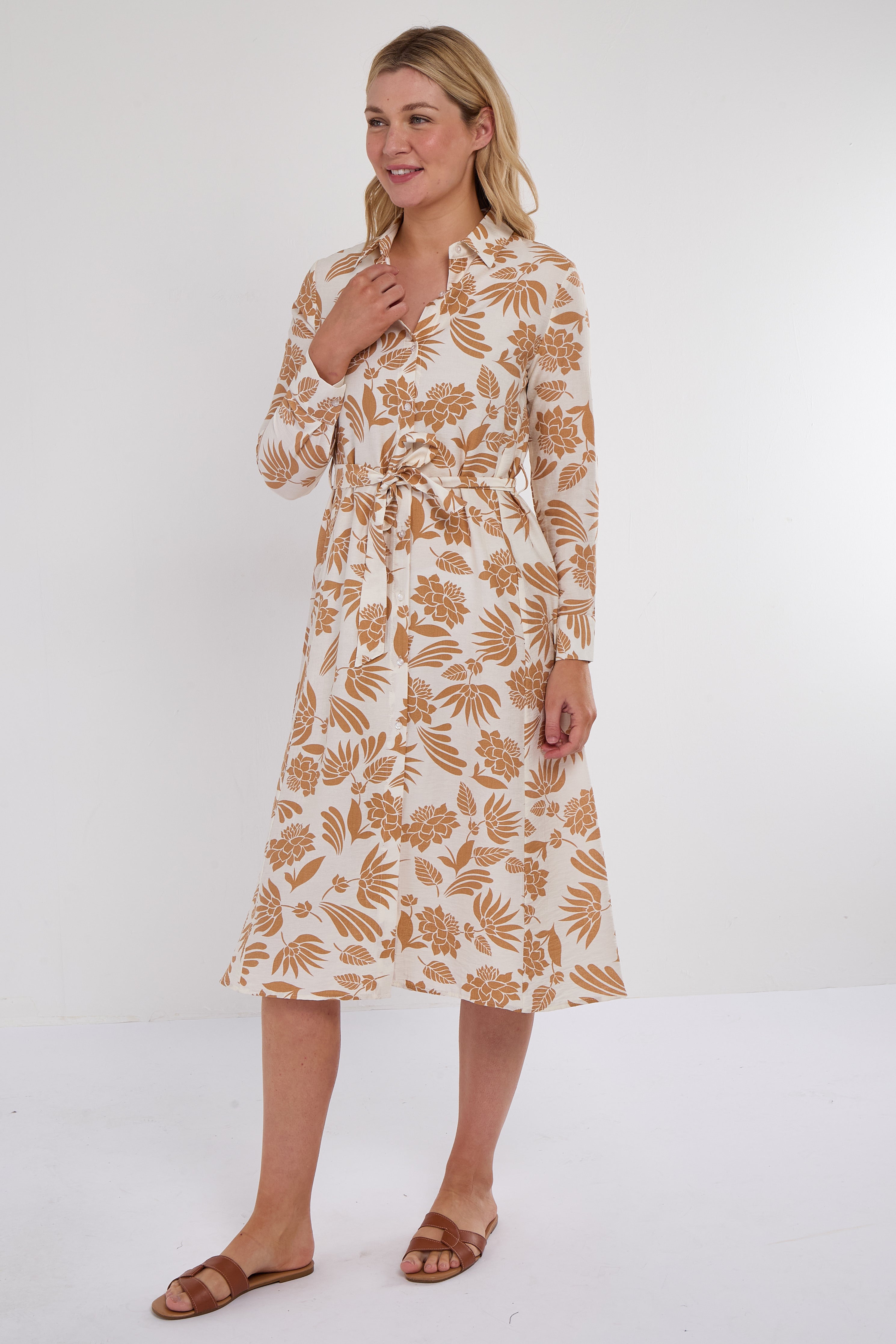 8Pcs Ochre Botanical Print Midi Shirt Dress
