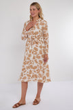 8Pcs Ochre Botanical Print Midi Shirt Dress