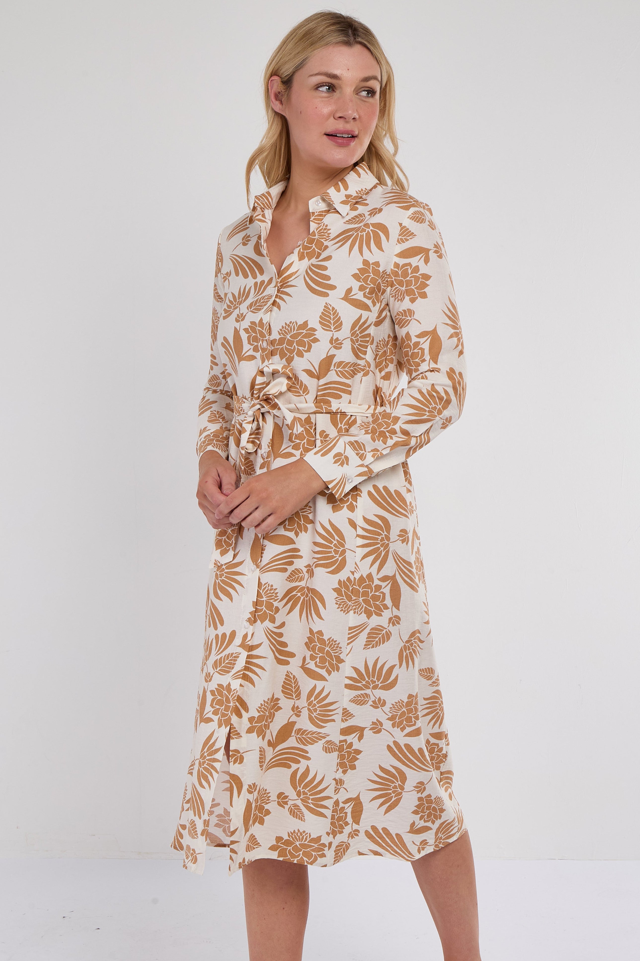 8Pcs Ochre Botanical Print Midi Shirt Dress
