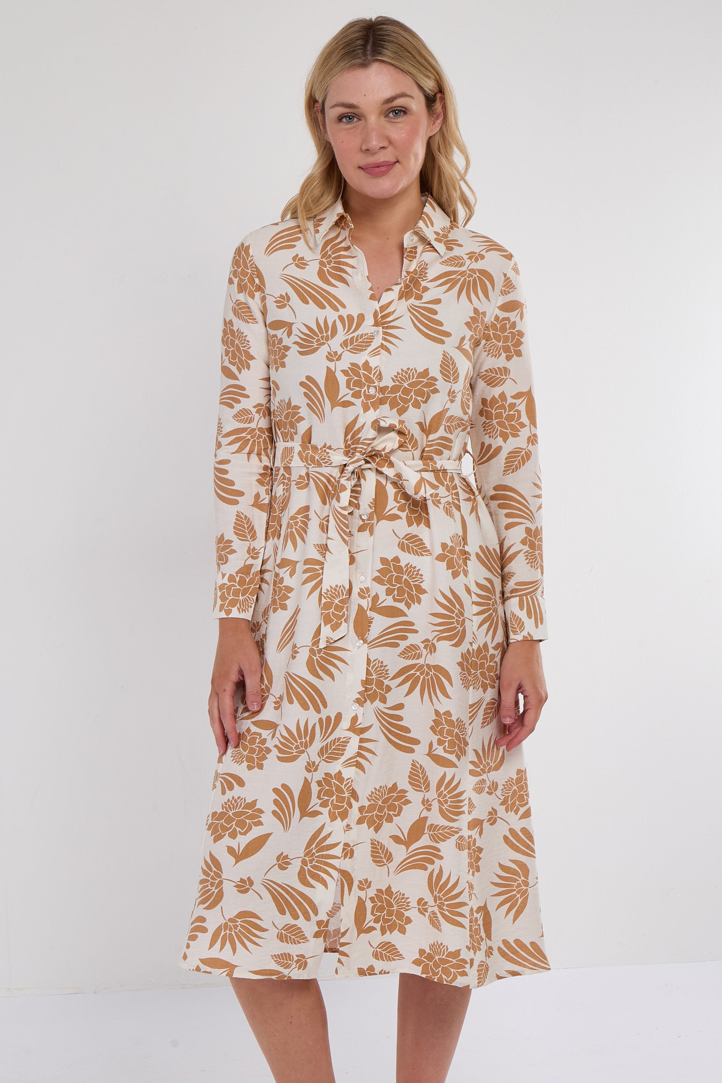 8Pcs Ochre Botanical Print Midi Shirt Dress