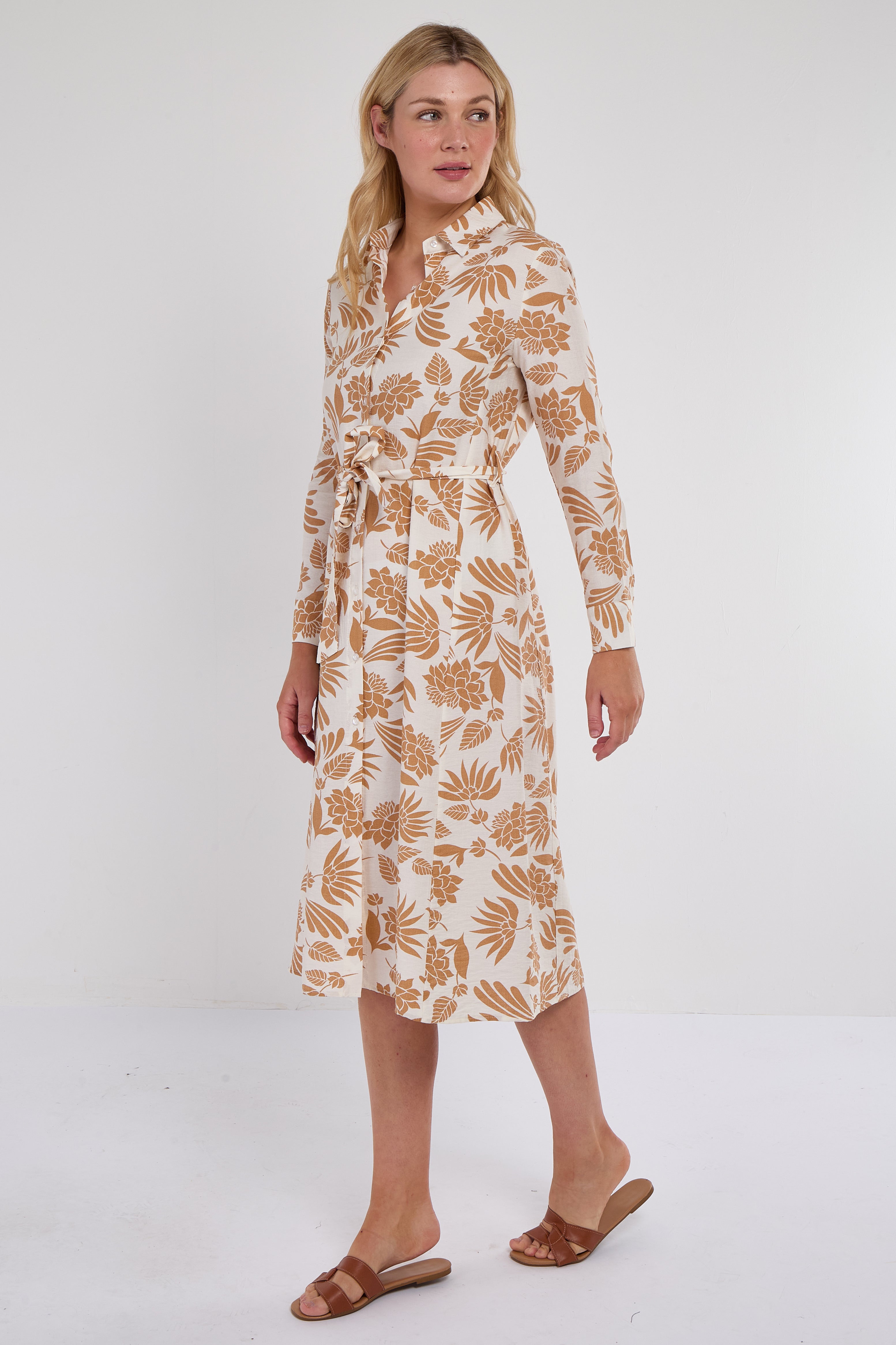 8Pcs Ochre Botanical Print Midi Shirt Dress