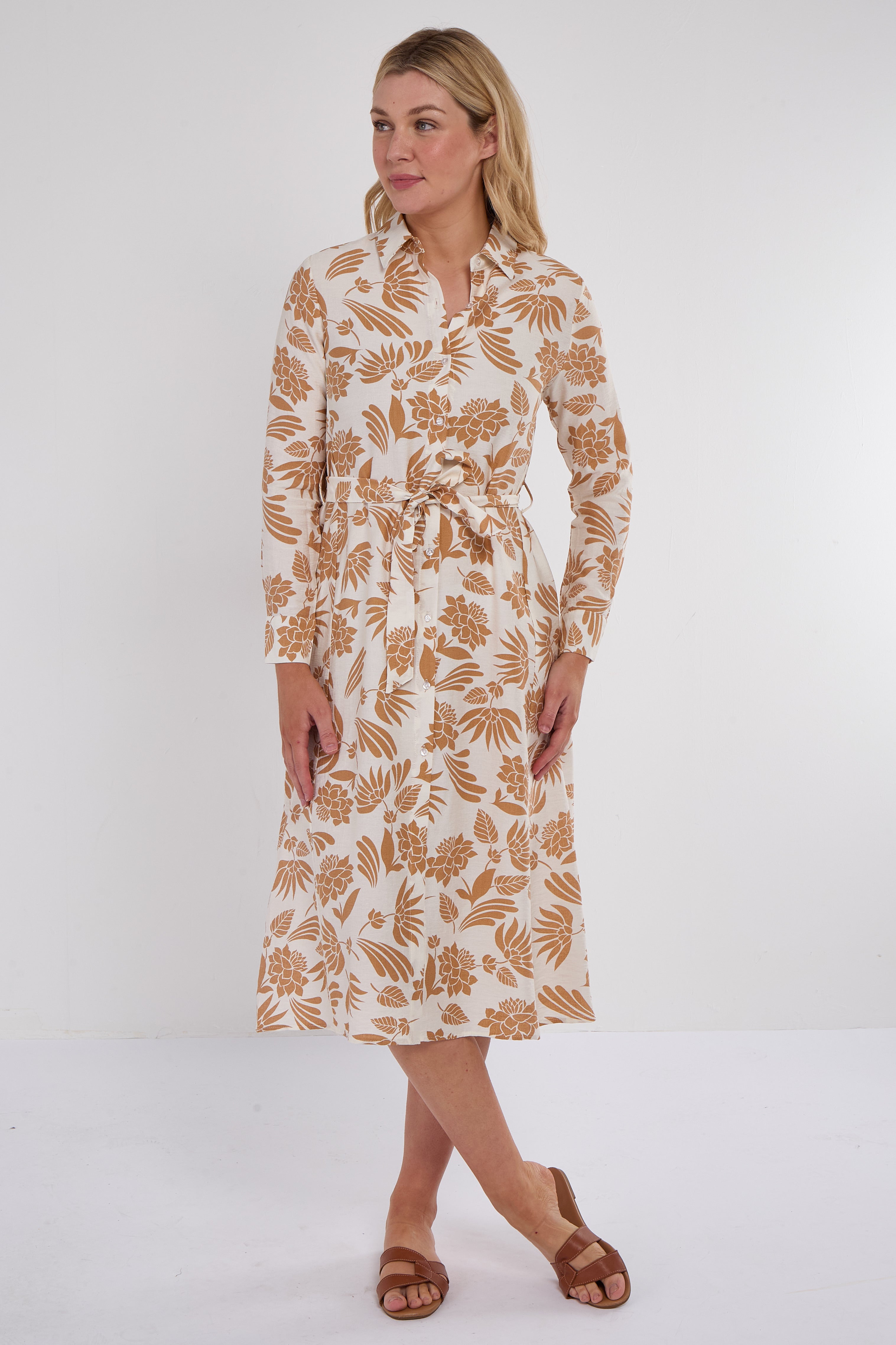 8Pcs Ochre Botanical Print Midi Shirt Dress