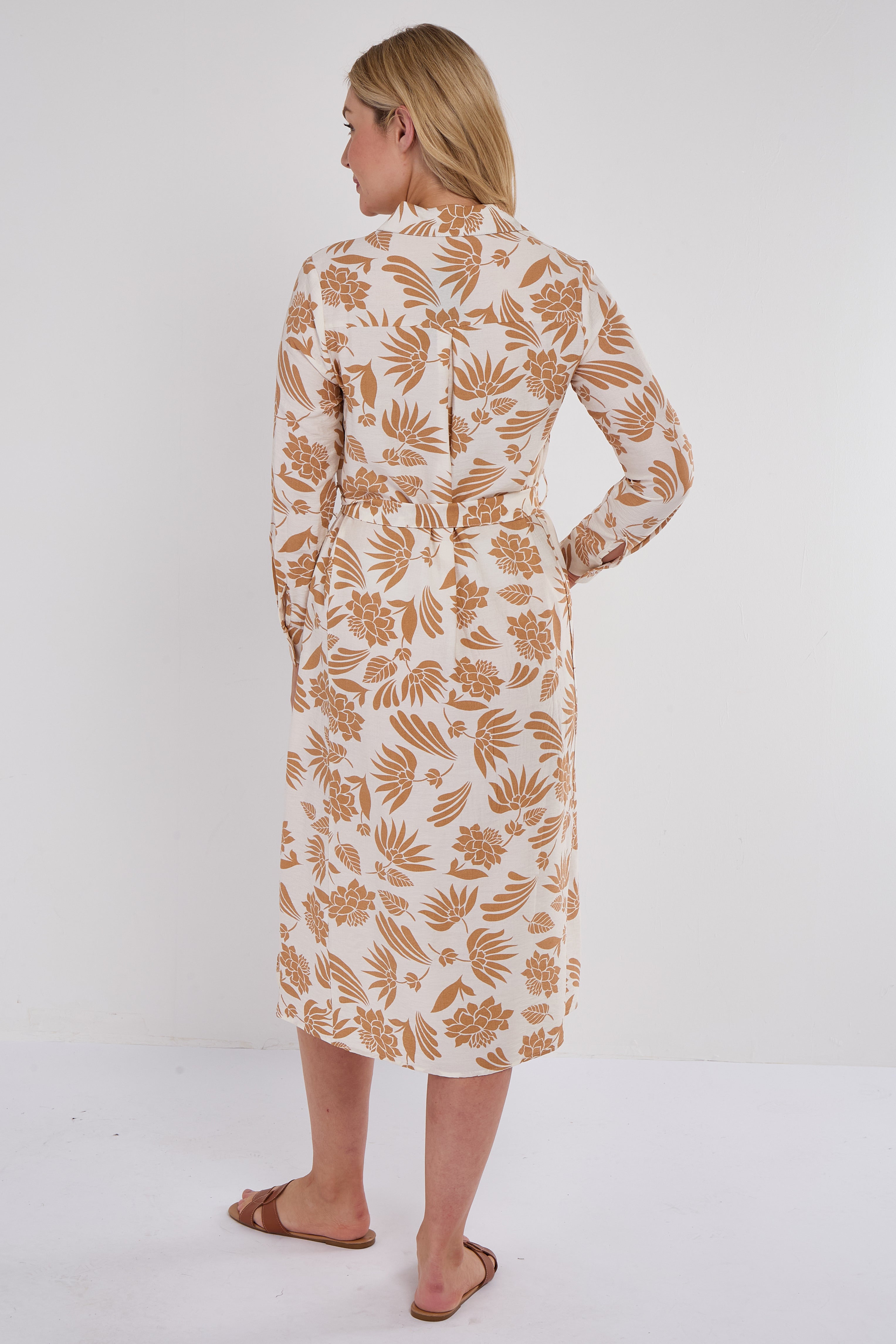 8Pcs Ochre Botanical Print Midi Shirt Dress