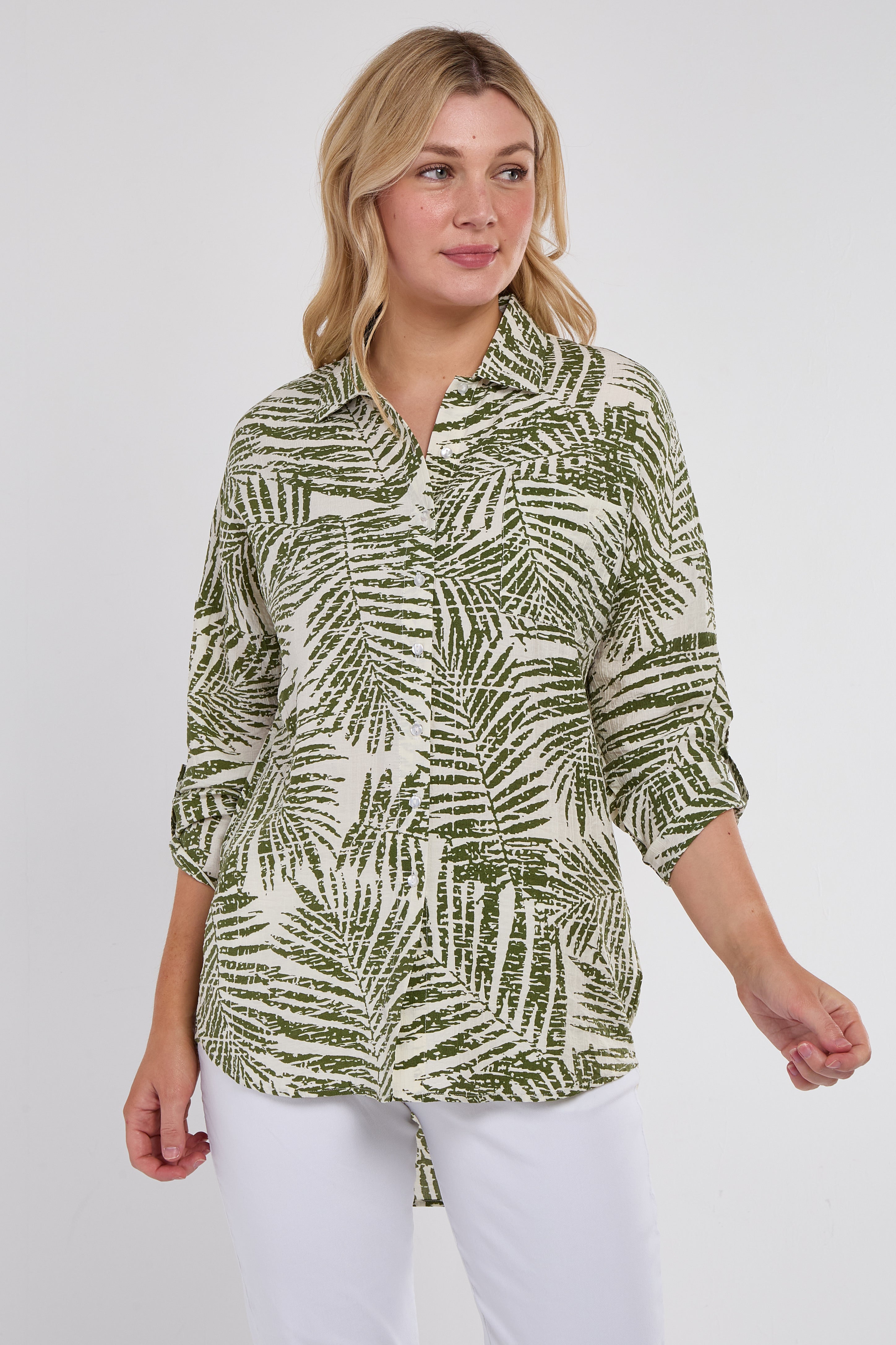 8Pcs Green Palm Leaf Print Long Sleeve Shirt