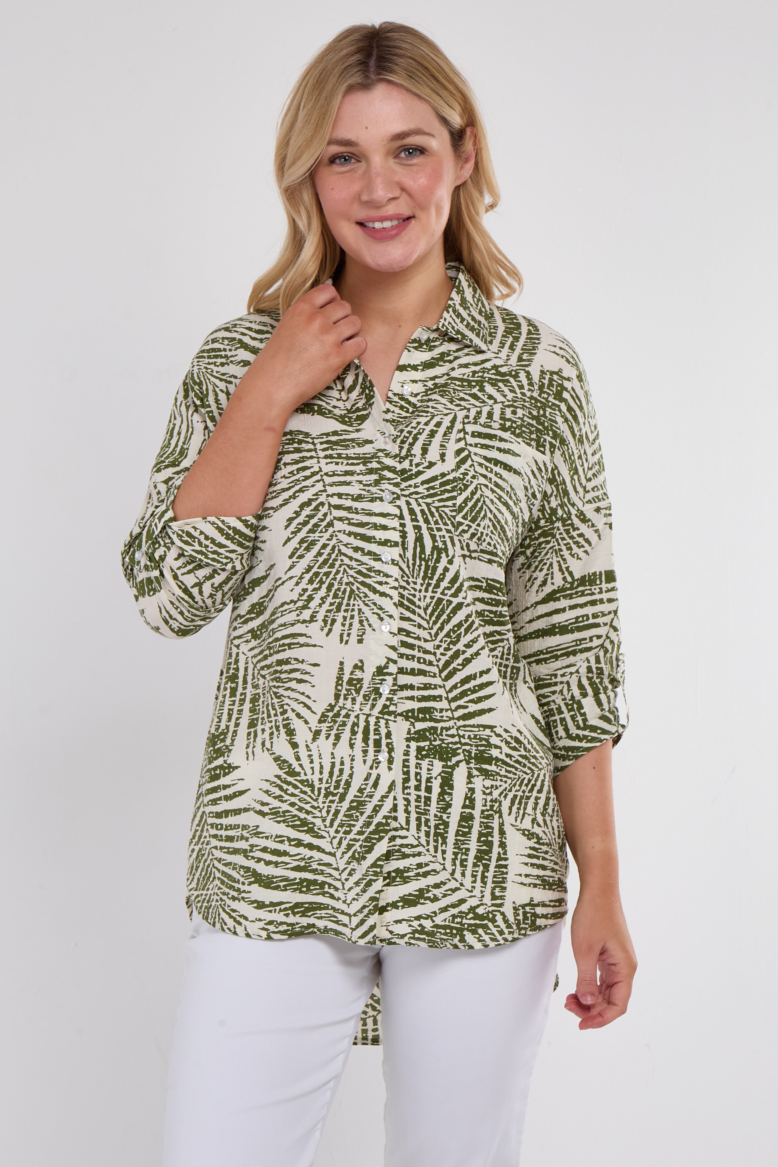 8Pcs Green Palm Leaf Print Long Sleeve Shirt